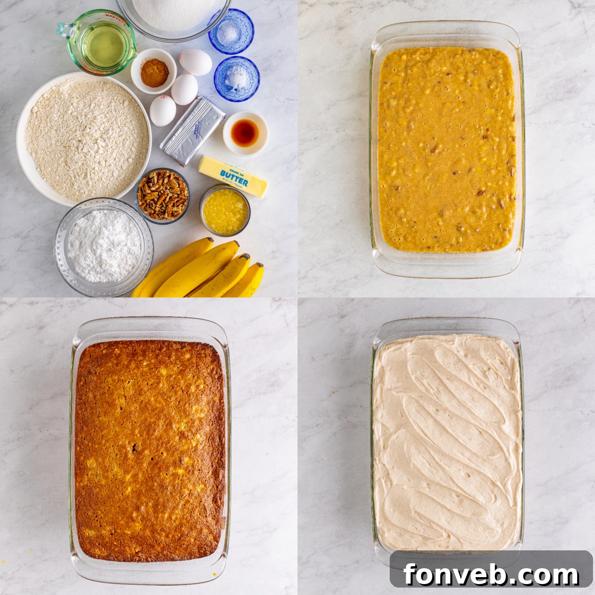 A collage displaying the fresh ingredients for Hummingbird Cake and various stages of the baking process, from mixing to the finished cake.