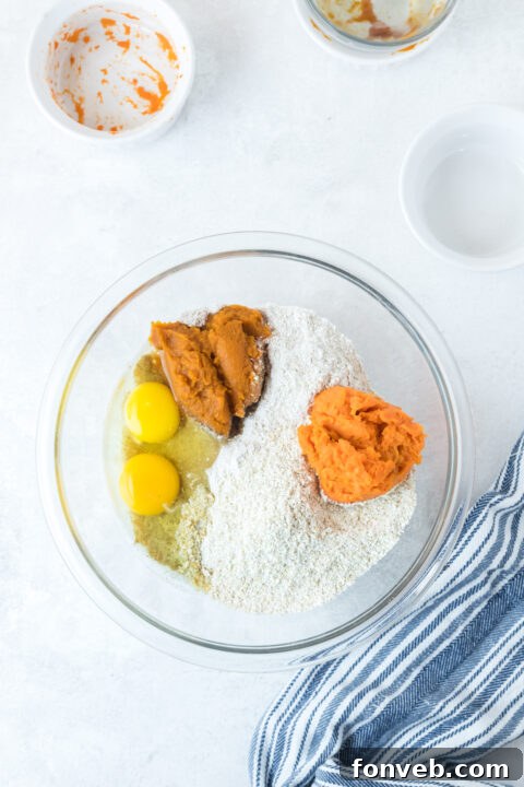 A step-by-step image of the dough being mixed for the Sweet Potato and Pumpkin Dog Treats, showing the initial stages of combining ingredients.