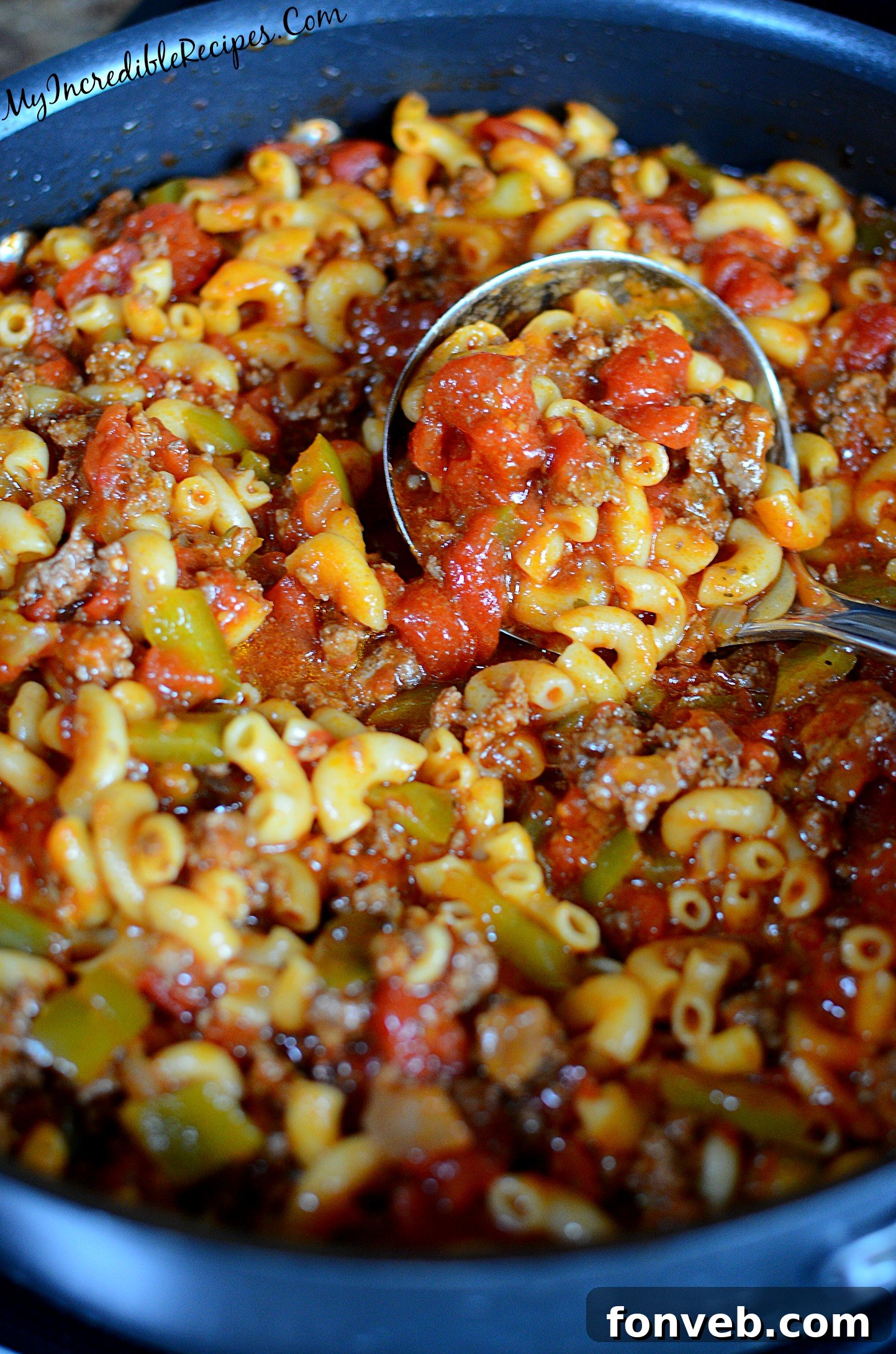 Nana's American Chop Suey 13 A large serving of American Chop Suey on a plate