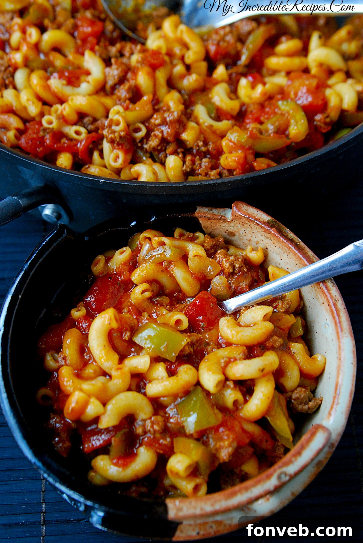 Nana's American Chop Suey 6 American Chop Suey simmering in a large skillet