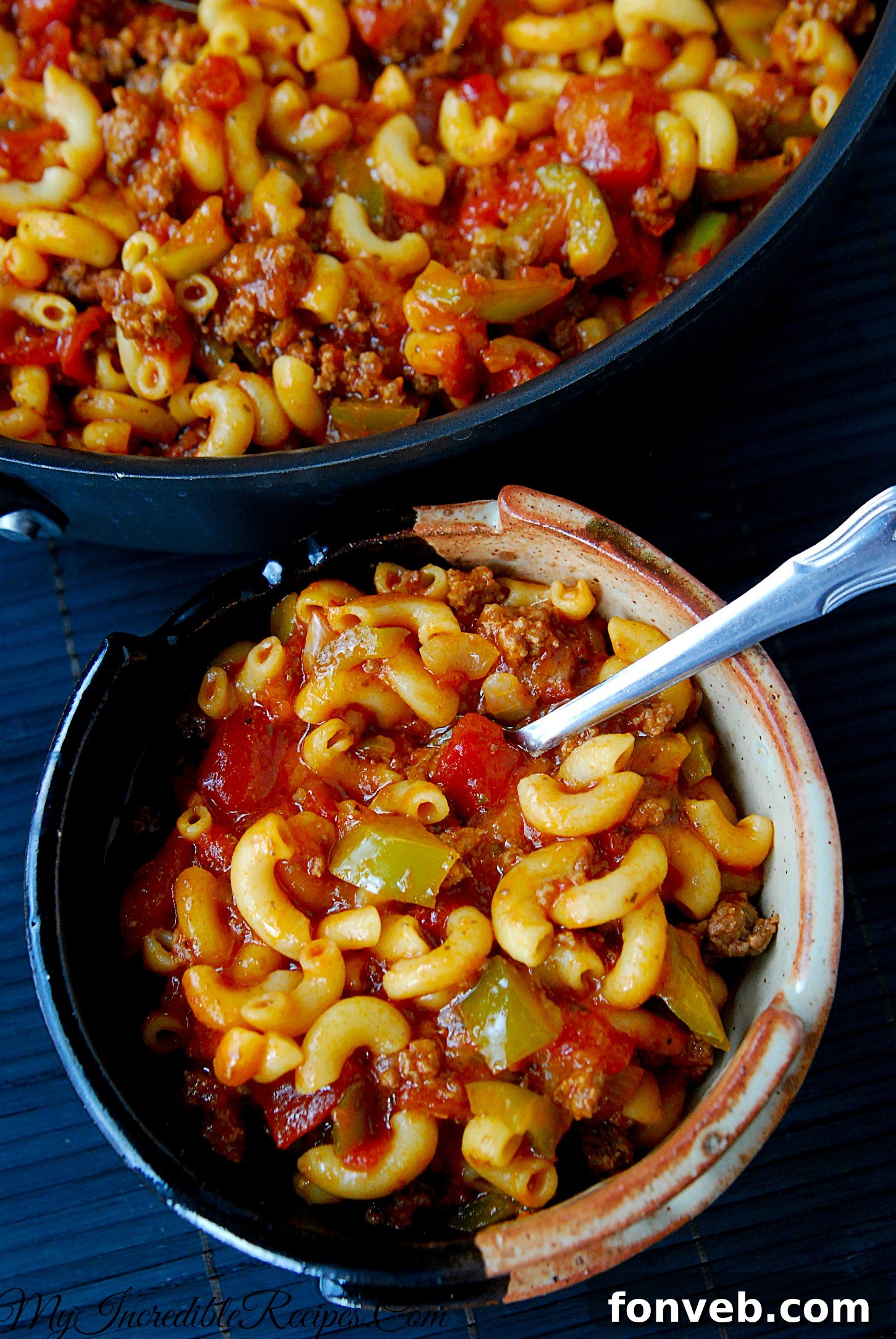 Nana's American Chop Suey 8 Close-up of macaroni in American Chop Suey sauce