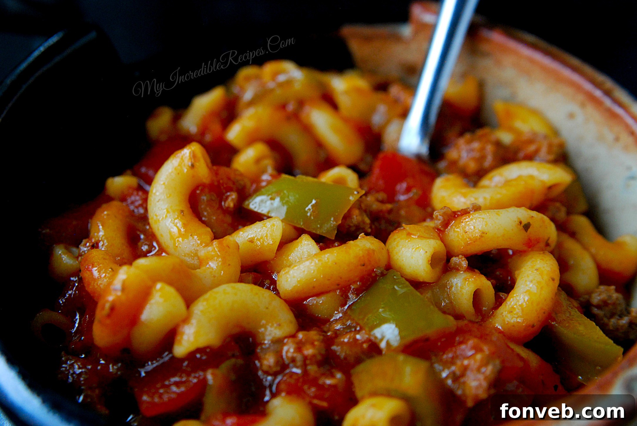 Nana's American Chop Suey 9 Overhead view of a pot of American Chop Suey