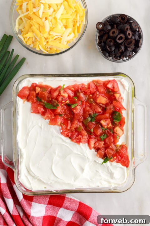 Step 5: Spooning fresh, chunky salsa evenly over the layer of cheese, adding another vibrant element.