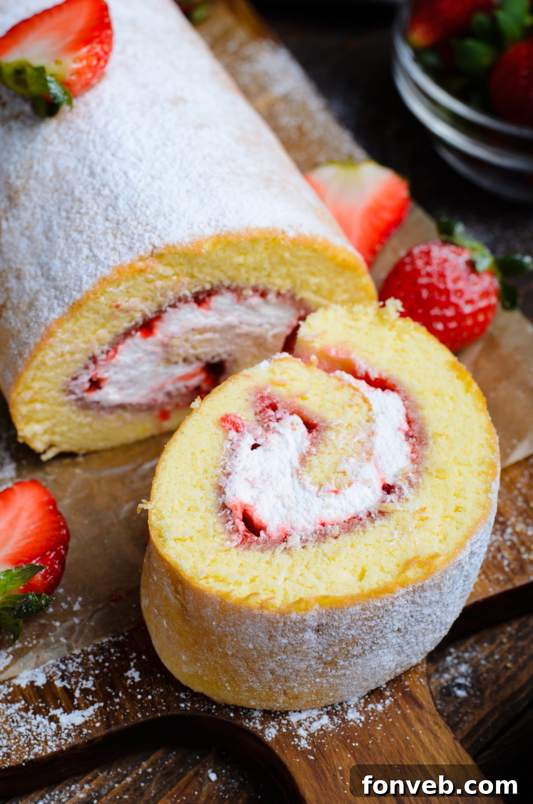 Overhead view of a slice of Strawberries & Cream Cake Roll on a piece of parchment paper.