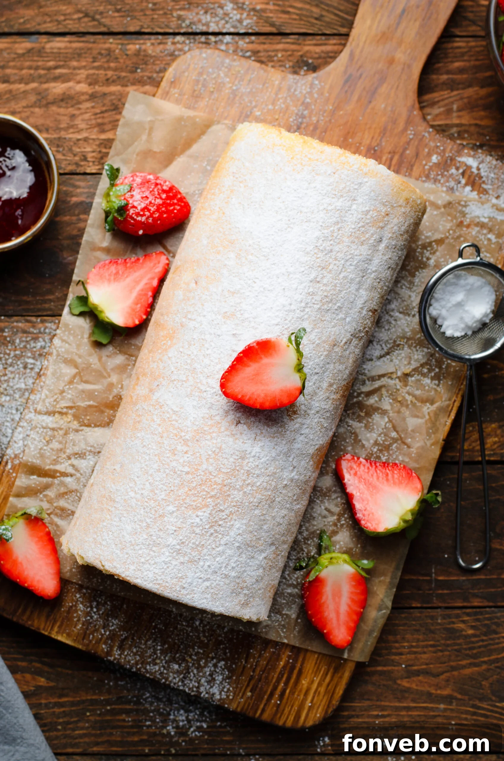 Overhead view of Strawberries & Cream Cake Roll on a wooden cutting board.