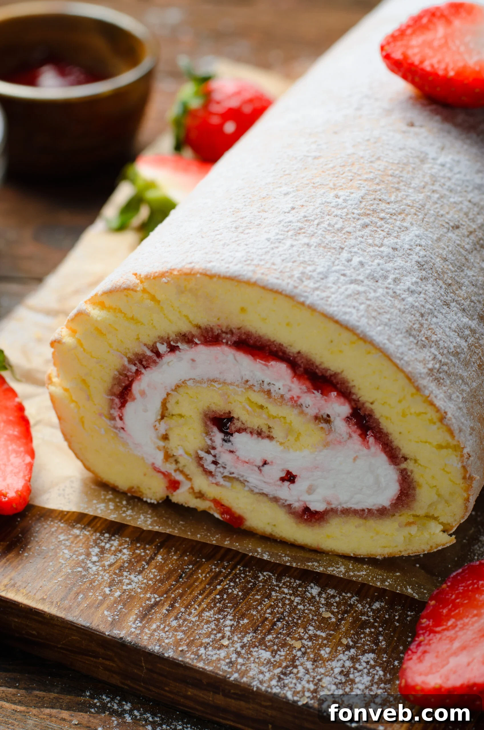 Front view of Strawberries & Cream Cake Roll on a parchment paper.