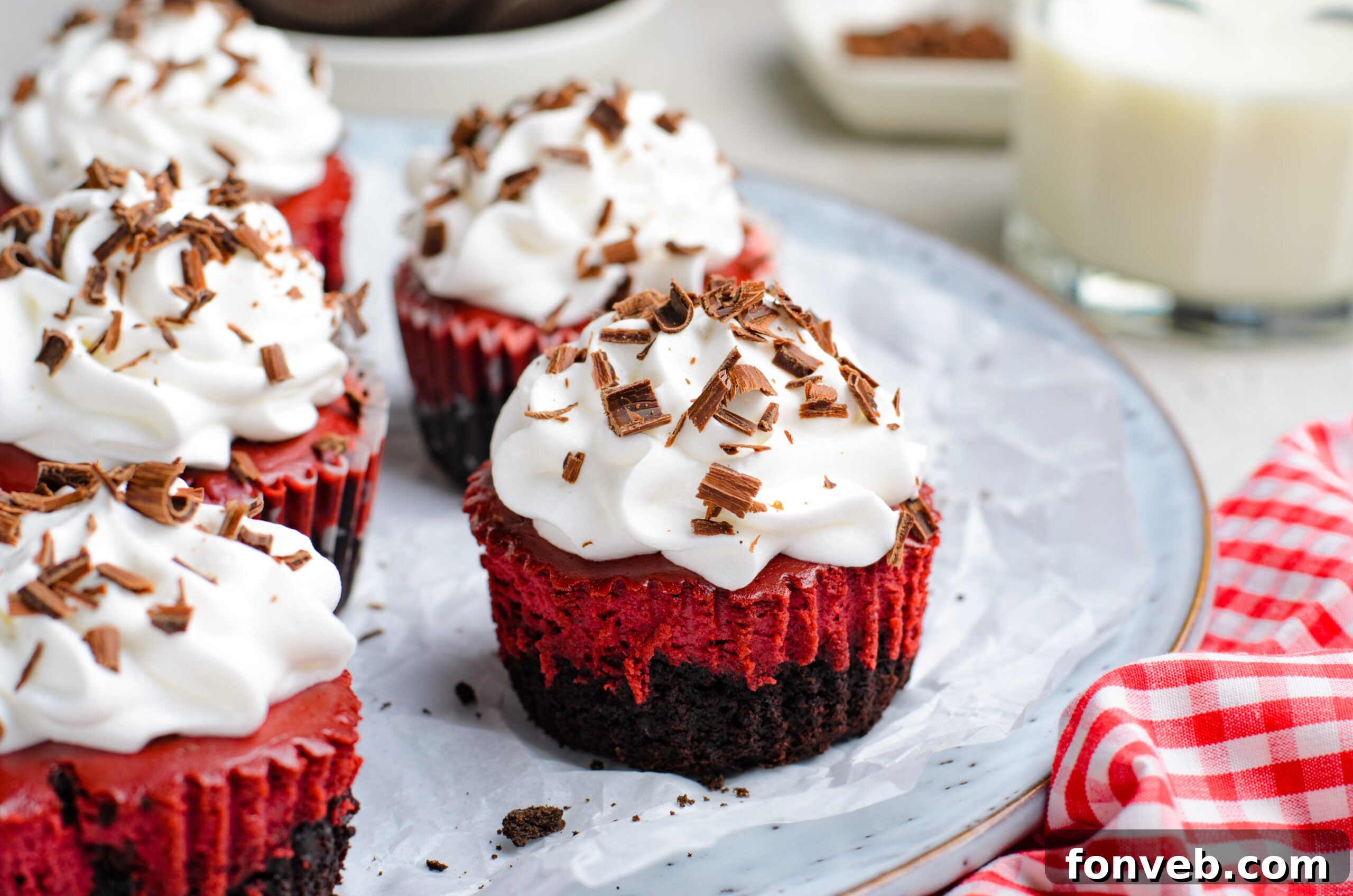 Ruby Red Oreo Cheesecake Gems 16 side view of the Mini Red Velvet Oreo Cheesecakes on a platter