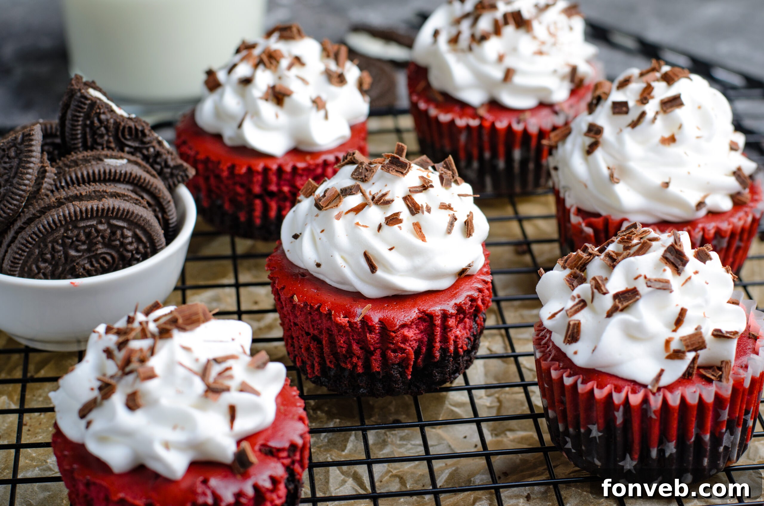 Ruby Red Oreo Cheesecake Gems 19 Mini Red Velvet Oreo Cheesecakes on a wire rack