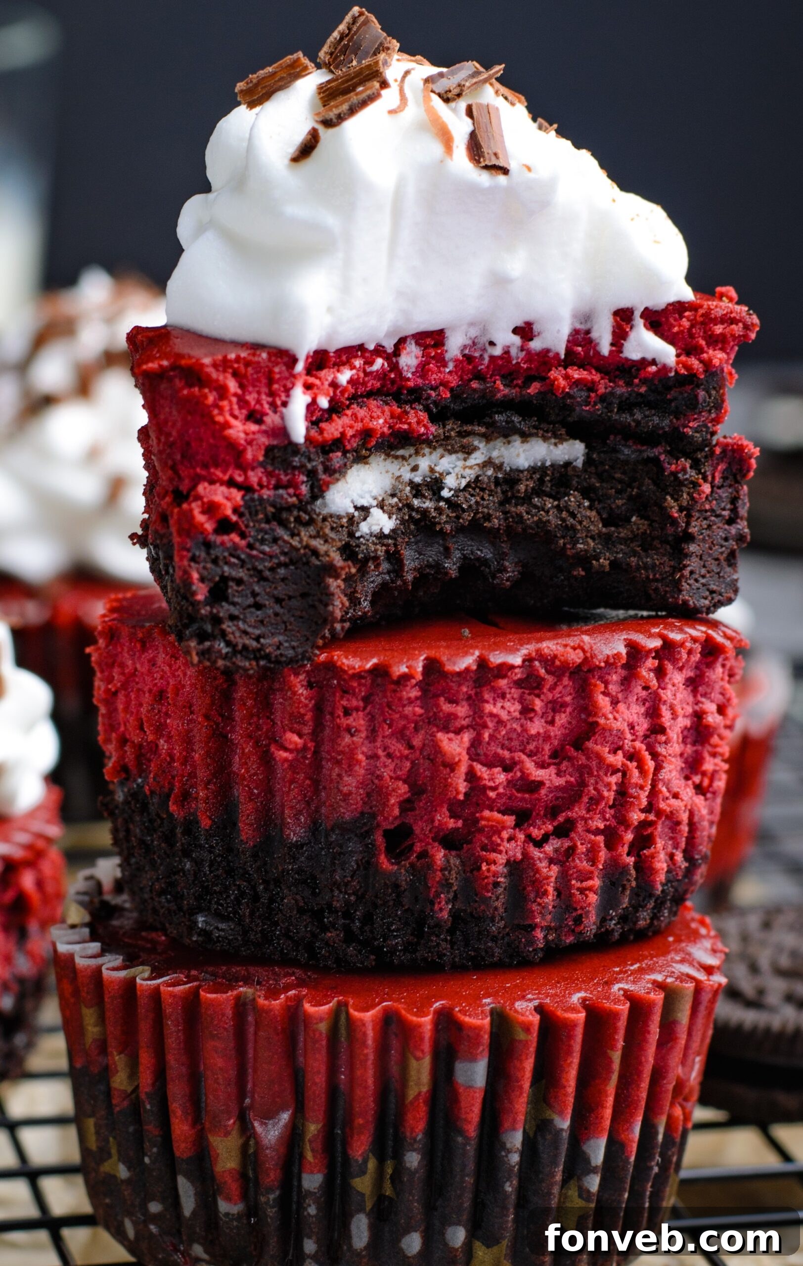 Ruby Red Oreo Cheesecake Gems 20 super up close view of the inside of the cheesecakes with a bite removed