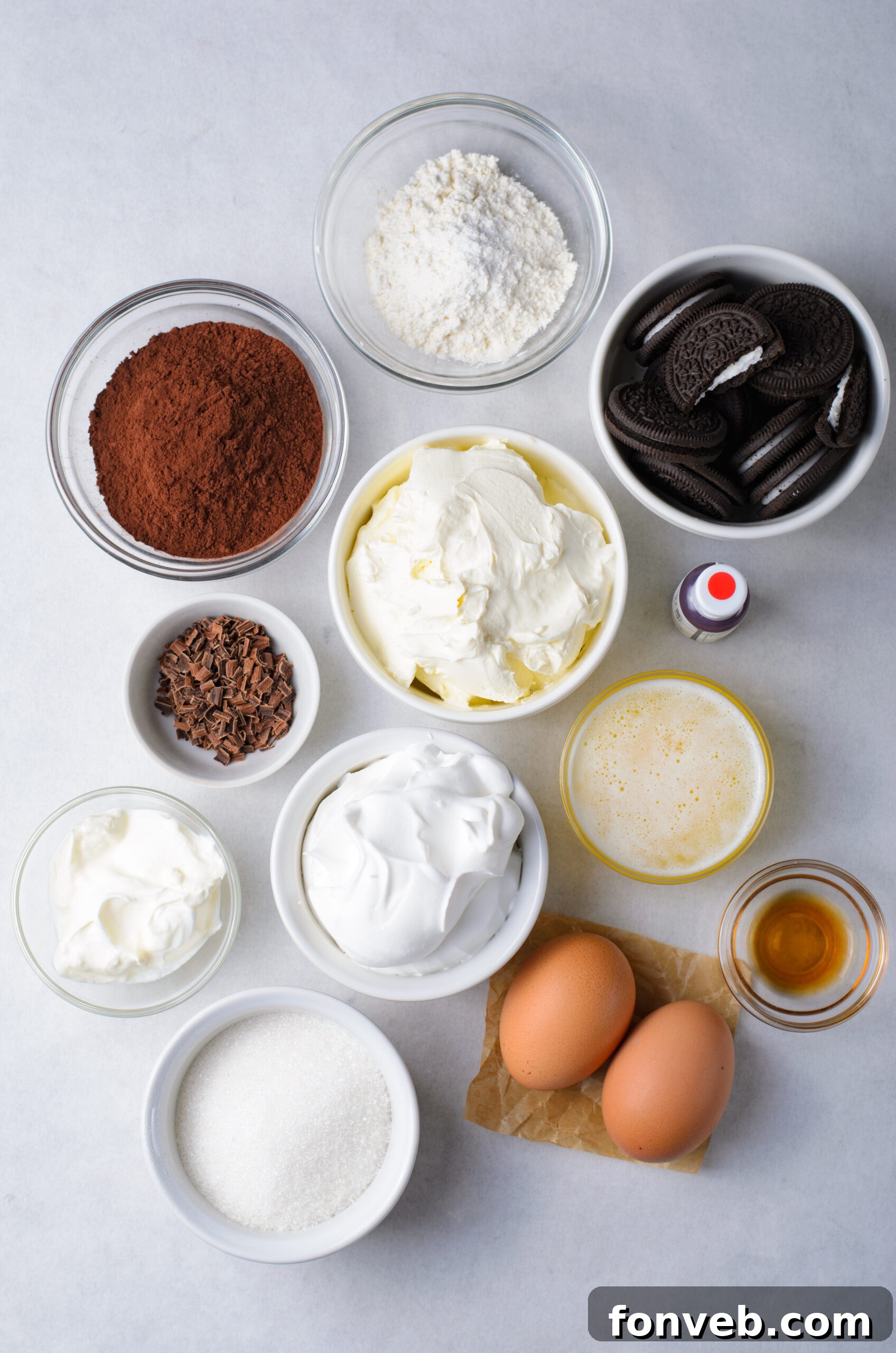 Ruby Red Oreo Cheesecake Gems 7 Overhead view of this ingredients needed to complete this recipe.