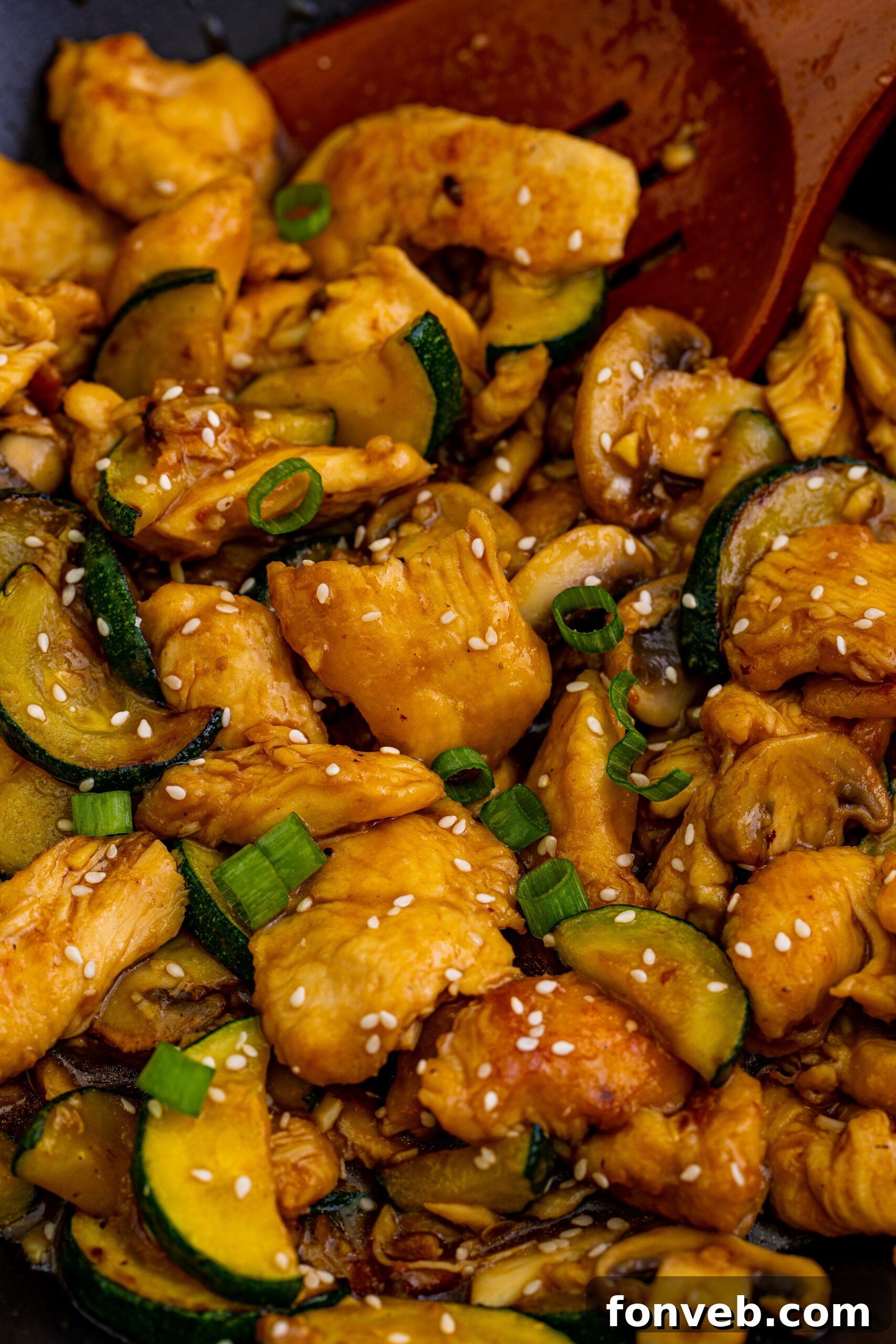 Close up view of Panda Express Mushroom Chicken.