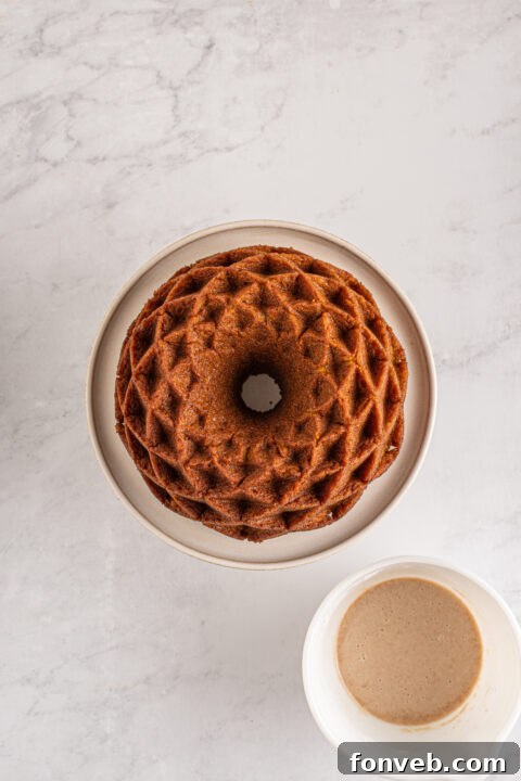 Harvest Pumpkin Bundt with Sweet Cinnamon Finish 10 A freshly baked Pumpkin Bundt Cake cooling on a wire rack after being removed from its pan.