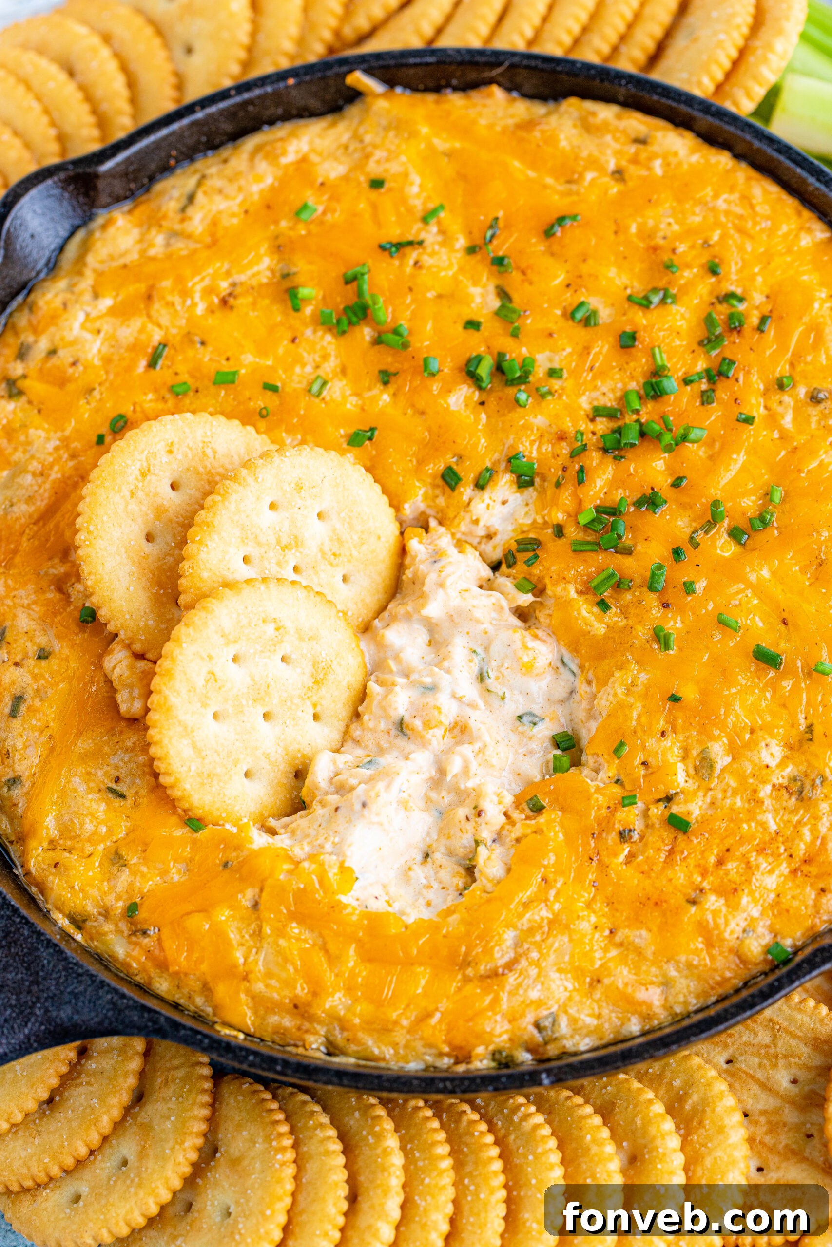 Close-up view of the perfectly golden-brown and bubbly Crab Dip in a cast iron skillet, with dippers arranged around it, inviting you to indulge.