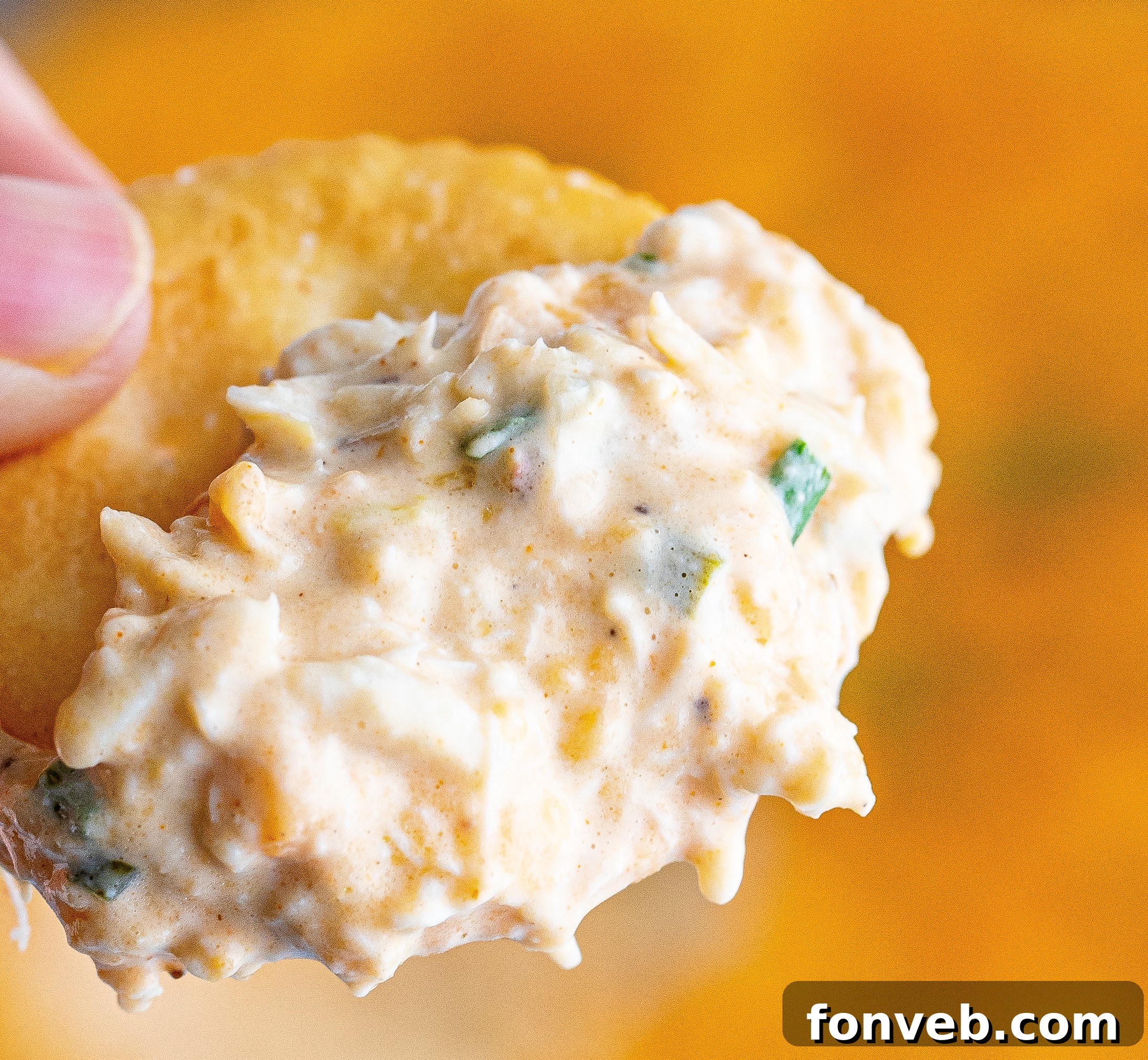 A cracker delicately topped with a generous portion of creamy crab dip, held up to showcase its enticing texture.