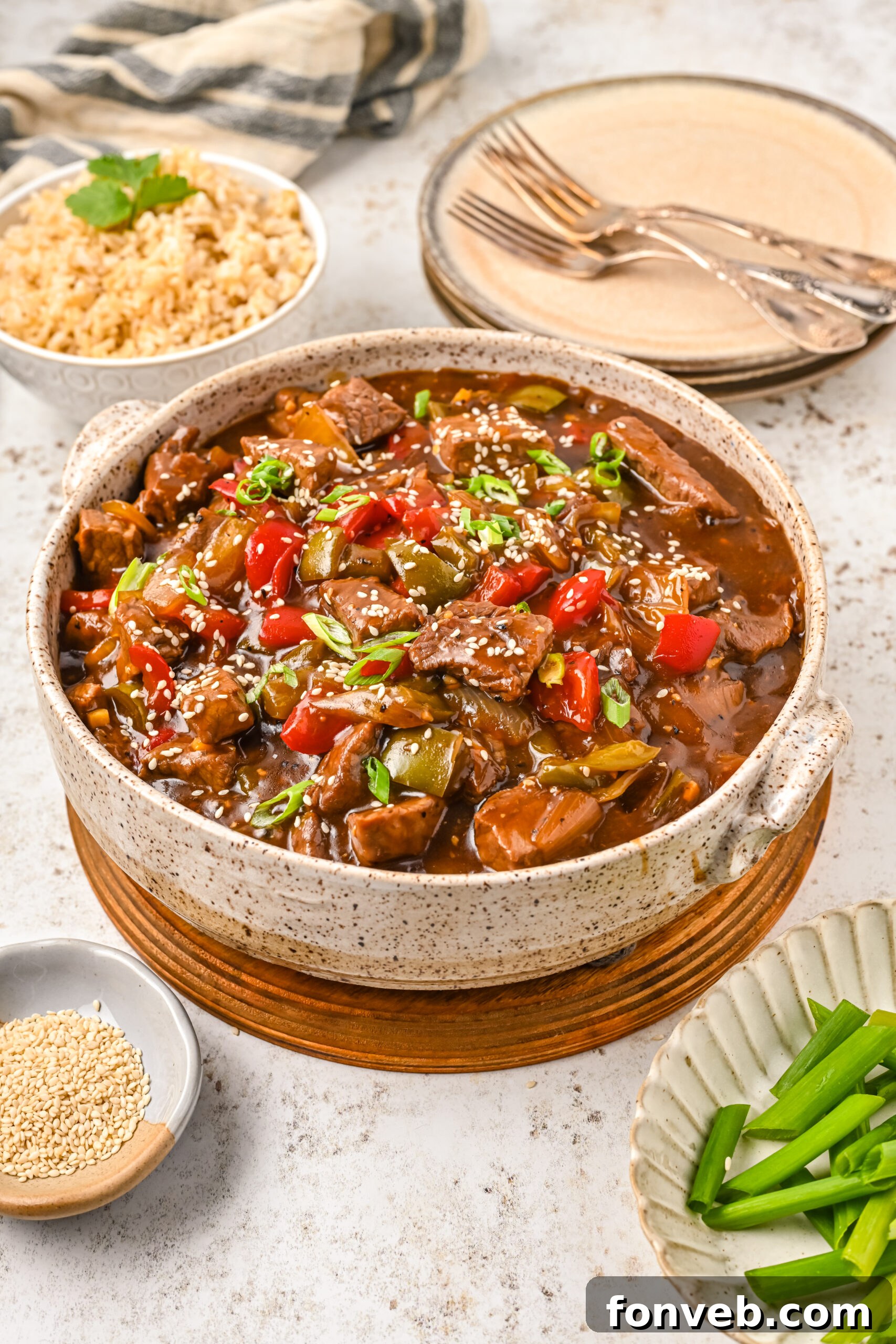 Front view of Chinese Pepper Steak in a baking dish.