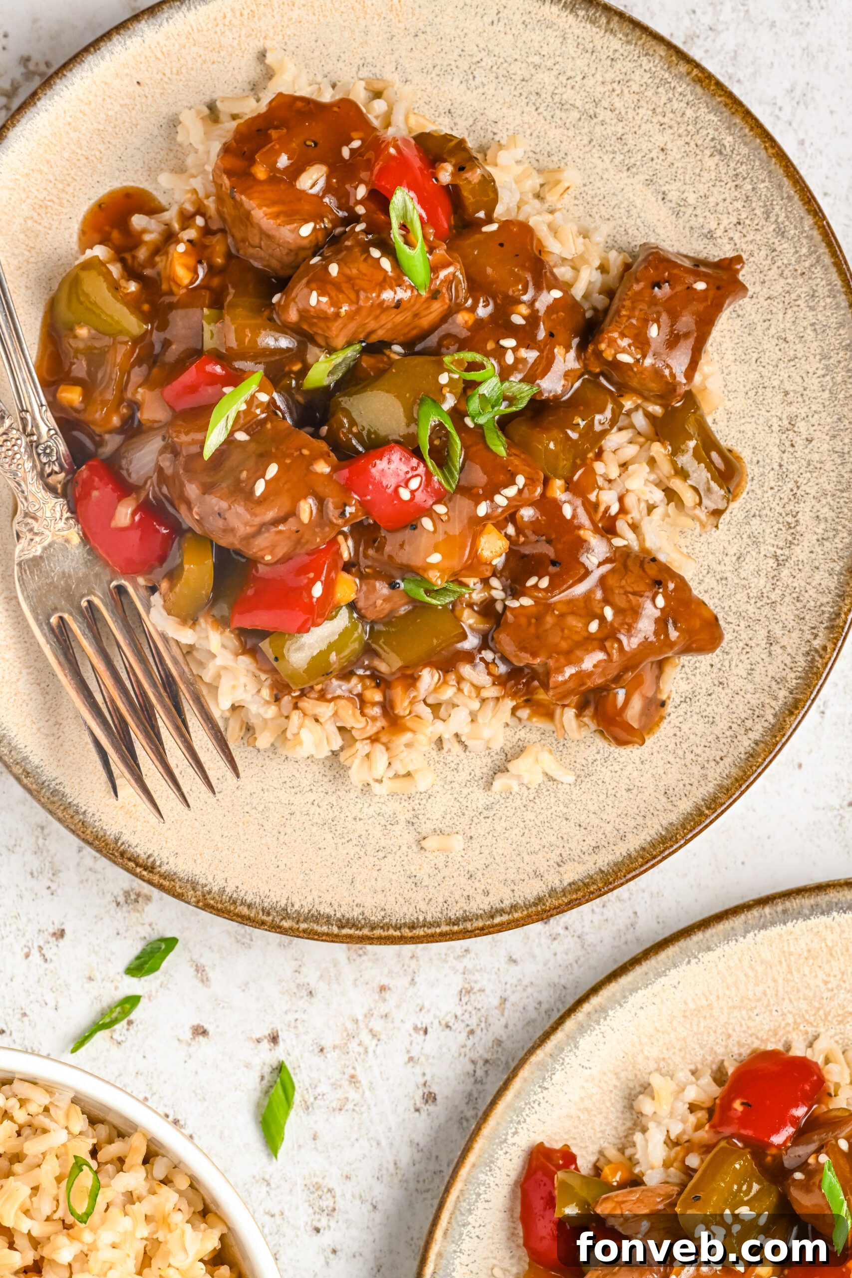 Overhead view of Chinese Pepper Steak on a dish served over rice.