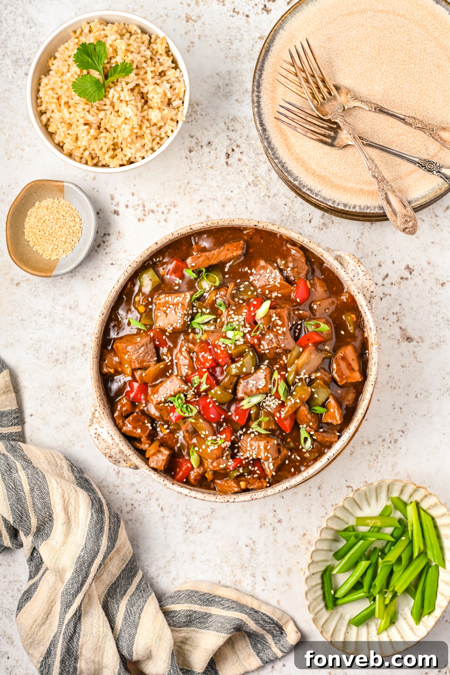 Overhead view of Chinese Pepper Steak in a baking dish.