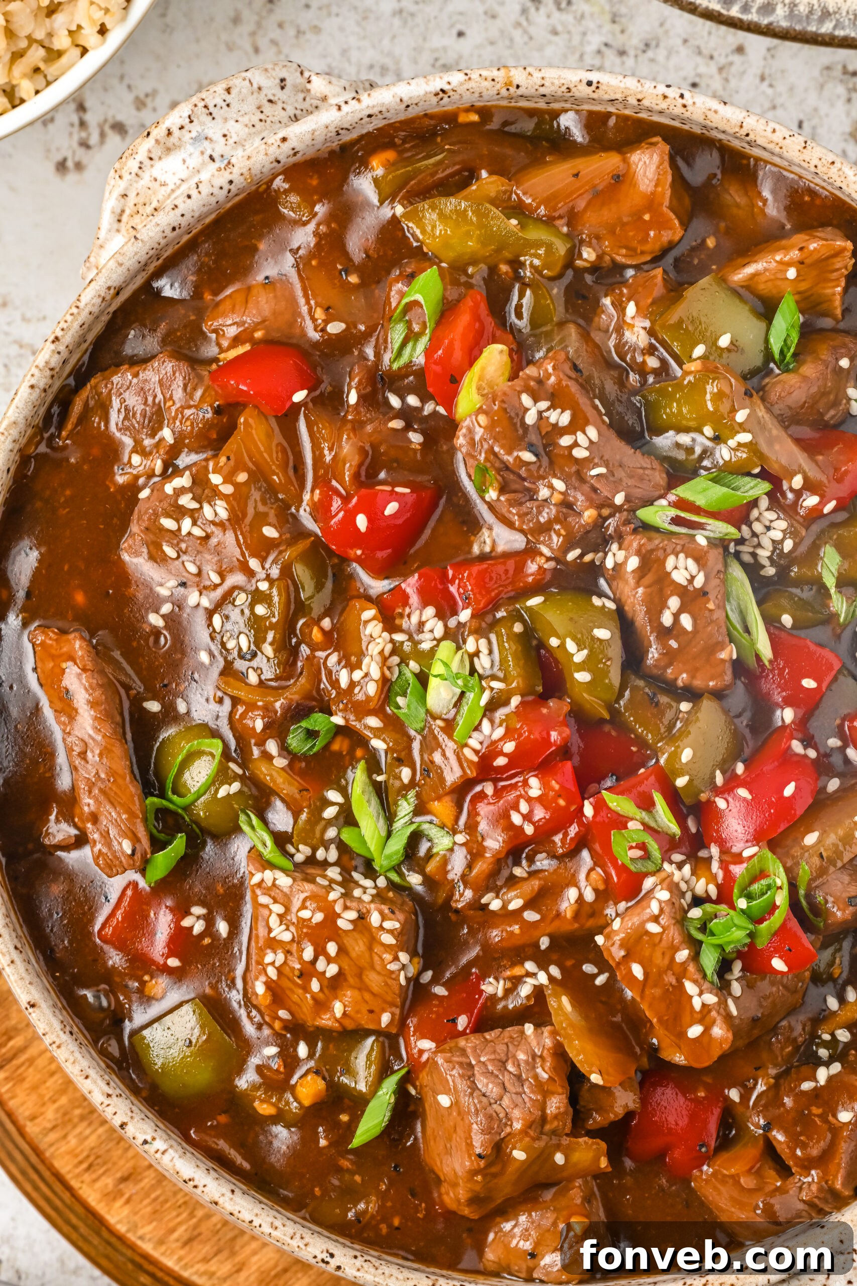 Overhead view of Chinese Pepper Steak in a baking dish.