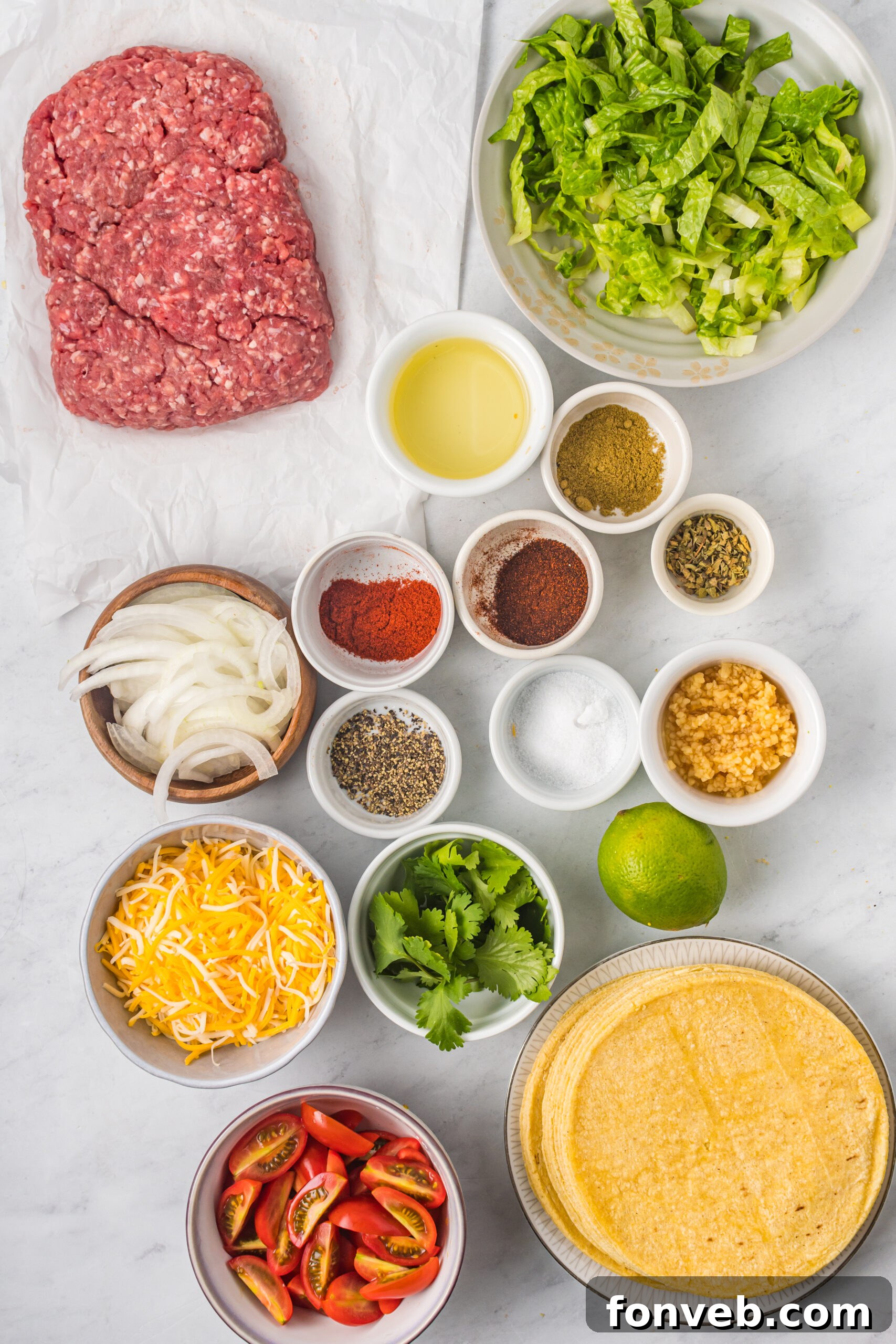 Golden Crispy Beef Tacos 4 Overhead view displaying all the raw ingredients neatly laid out on a counter, essential for completing the Crispy Beef Tacos recipe.