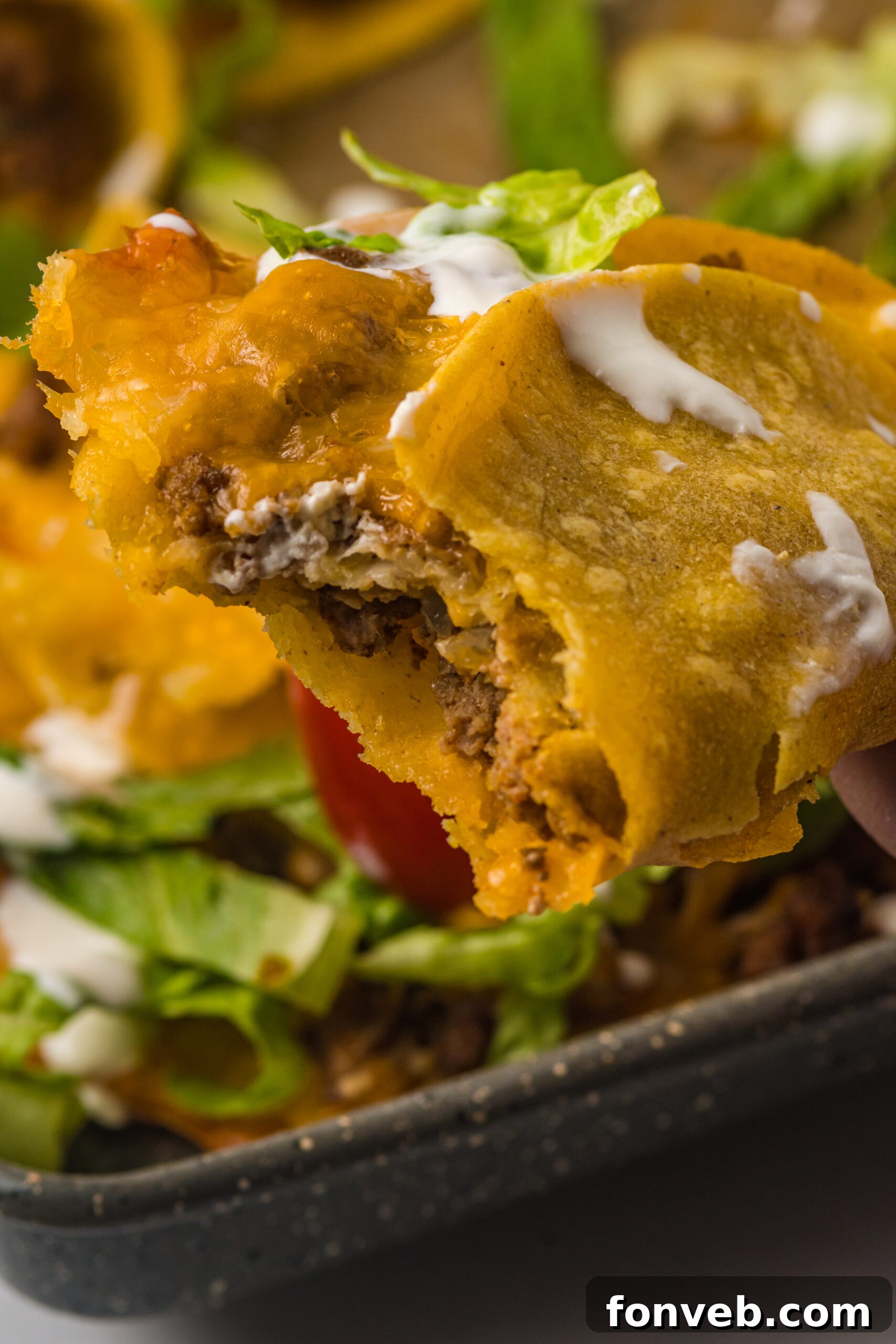 Golden Crispy Beef Tacos 9 Close-up view of a single Crispy Beef Taco with a bite taken out, revealing the textured shell and flavorful filling, with a hint of fresh cilantro.