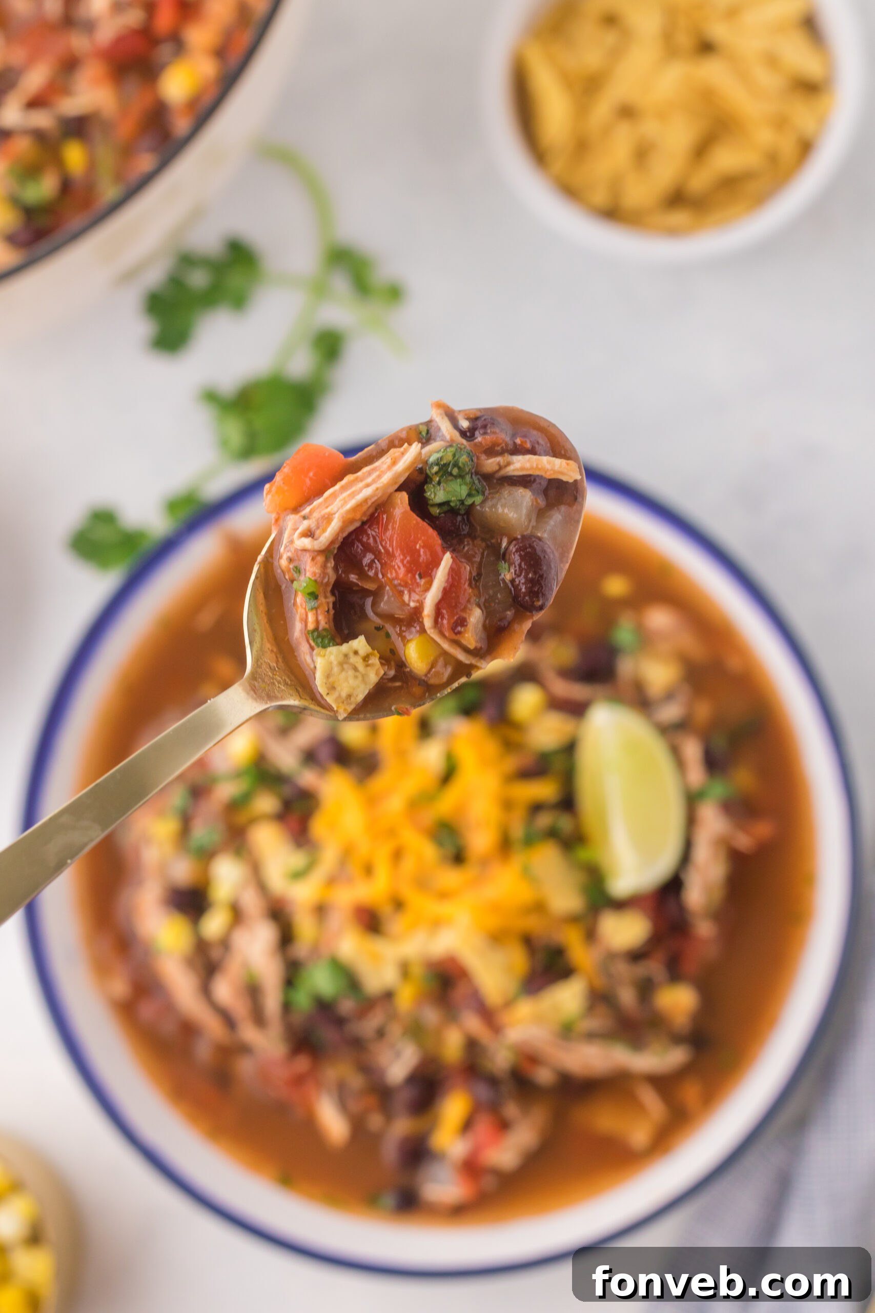 Overhead view of Chicken Taco Soup in a bowl with a spoonful of soup in a gold spoon.