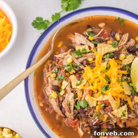 Overhead view of Chicken Taco Soup in a bowl served with a golden spoon.