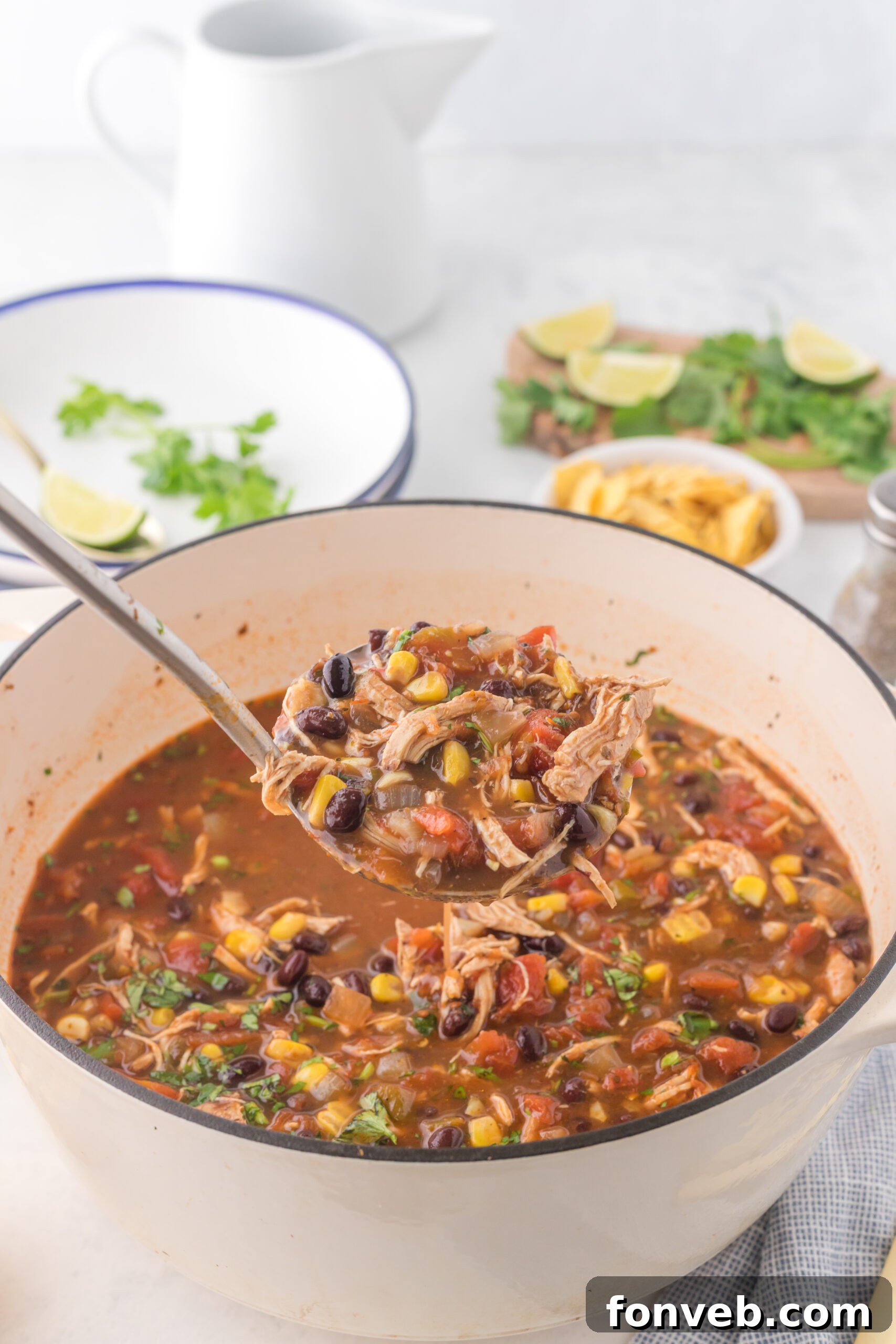 Chicken Taco Soup in a silver serving spoon.