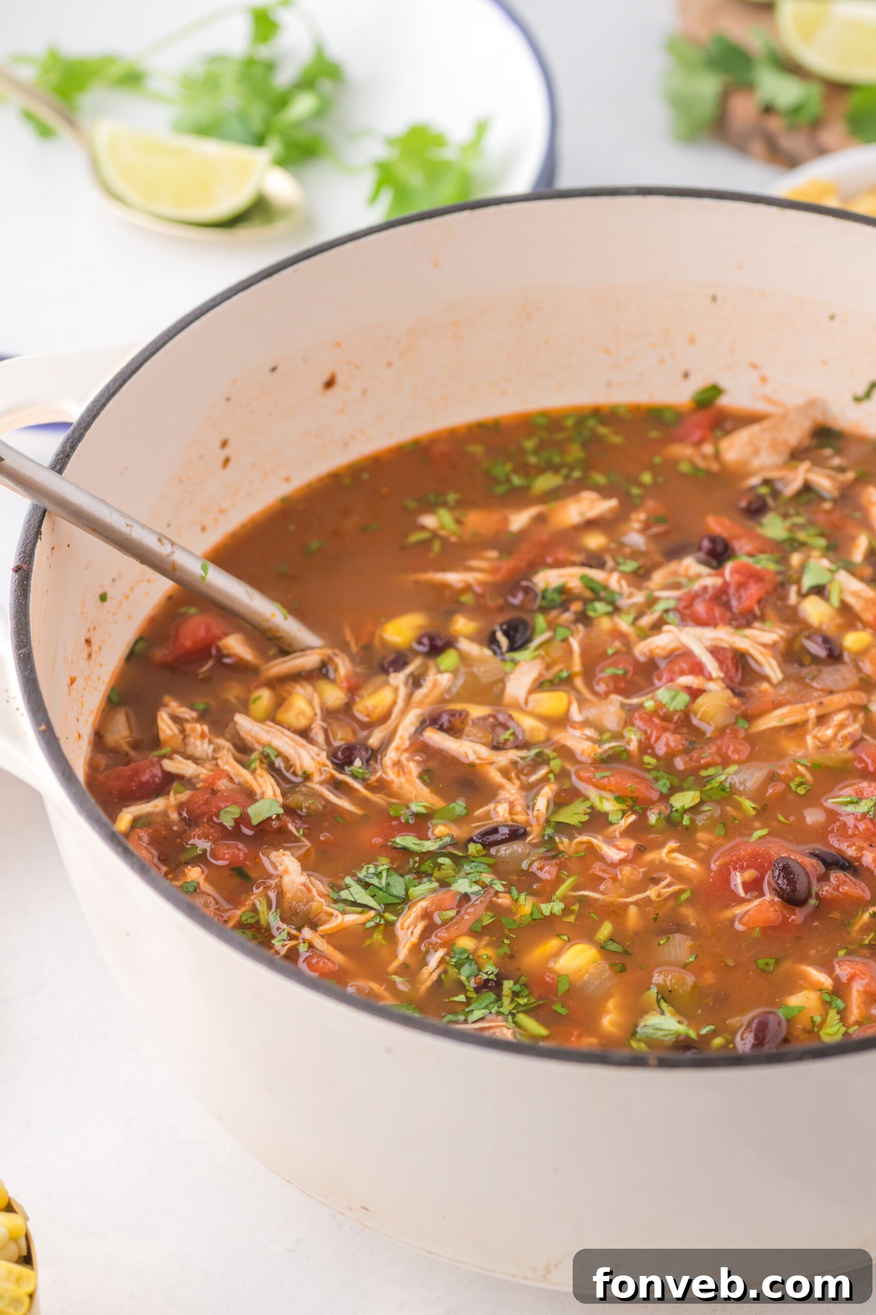 Close up view of Chicken Taco Soup in a  white pot.