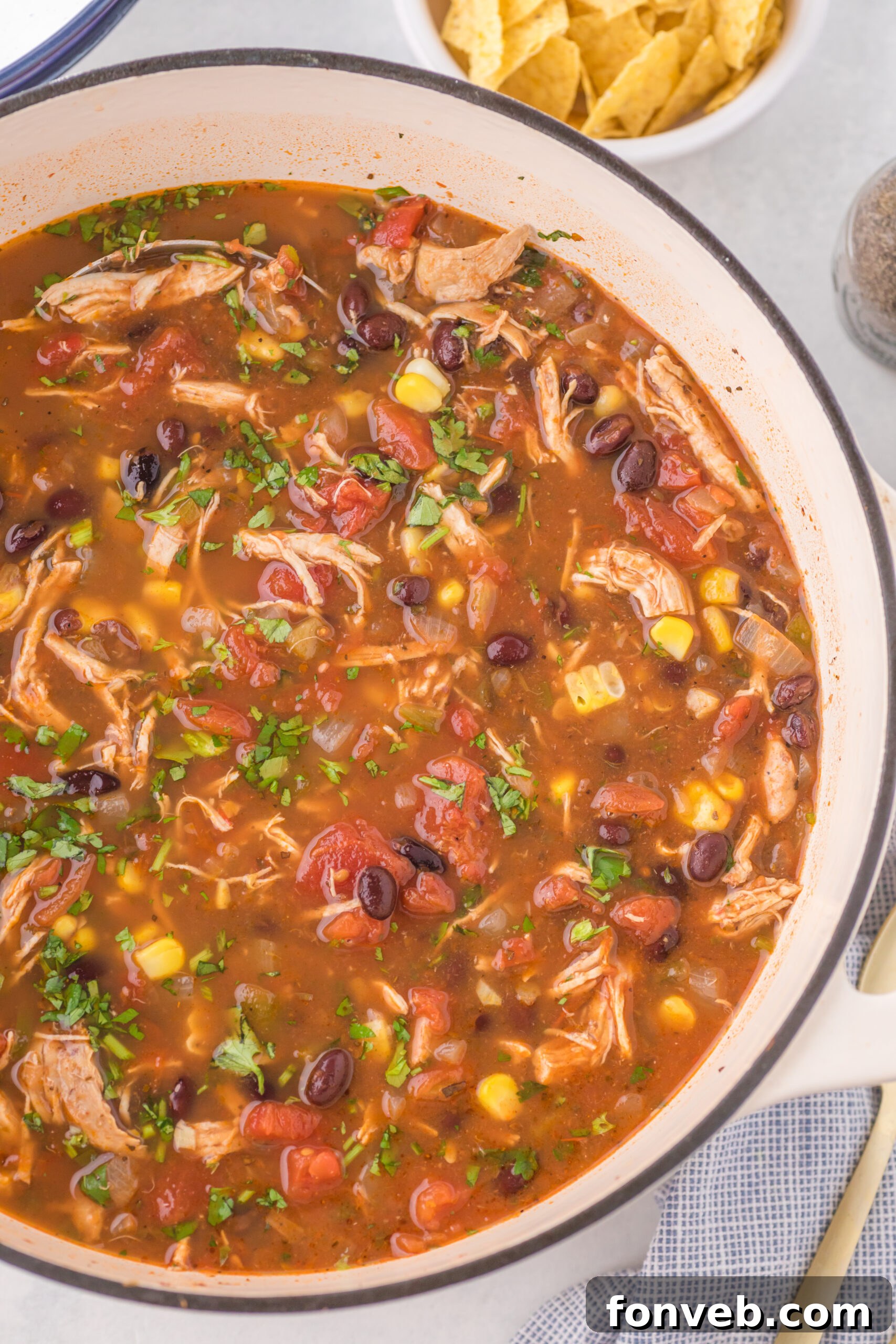 Overhead view of Chicken Taco Soup in the dutch oven pot