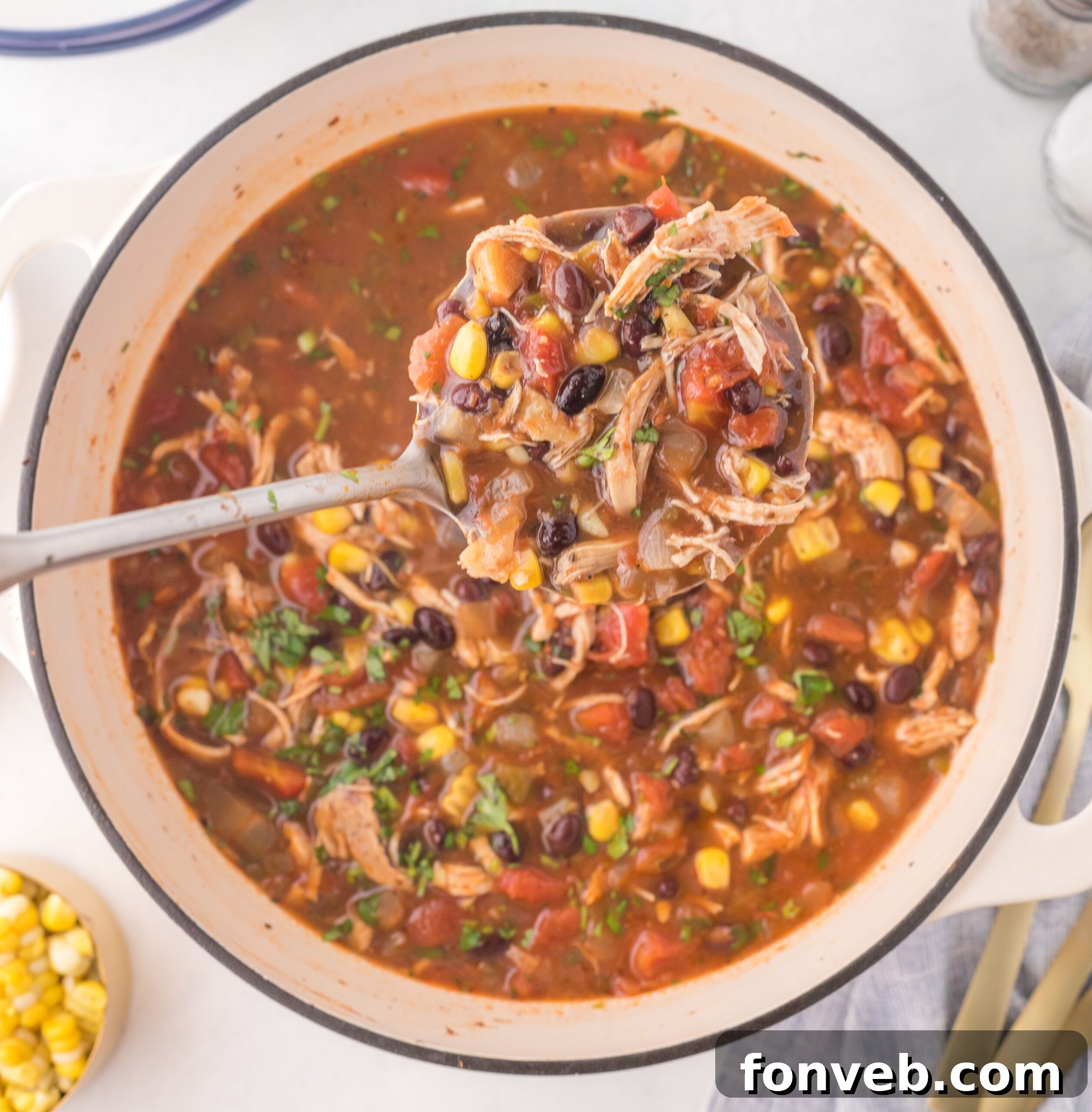 Overhead view of Chicken Taco Soup in the dutch oven pot