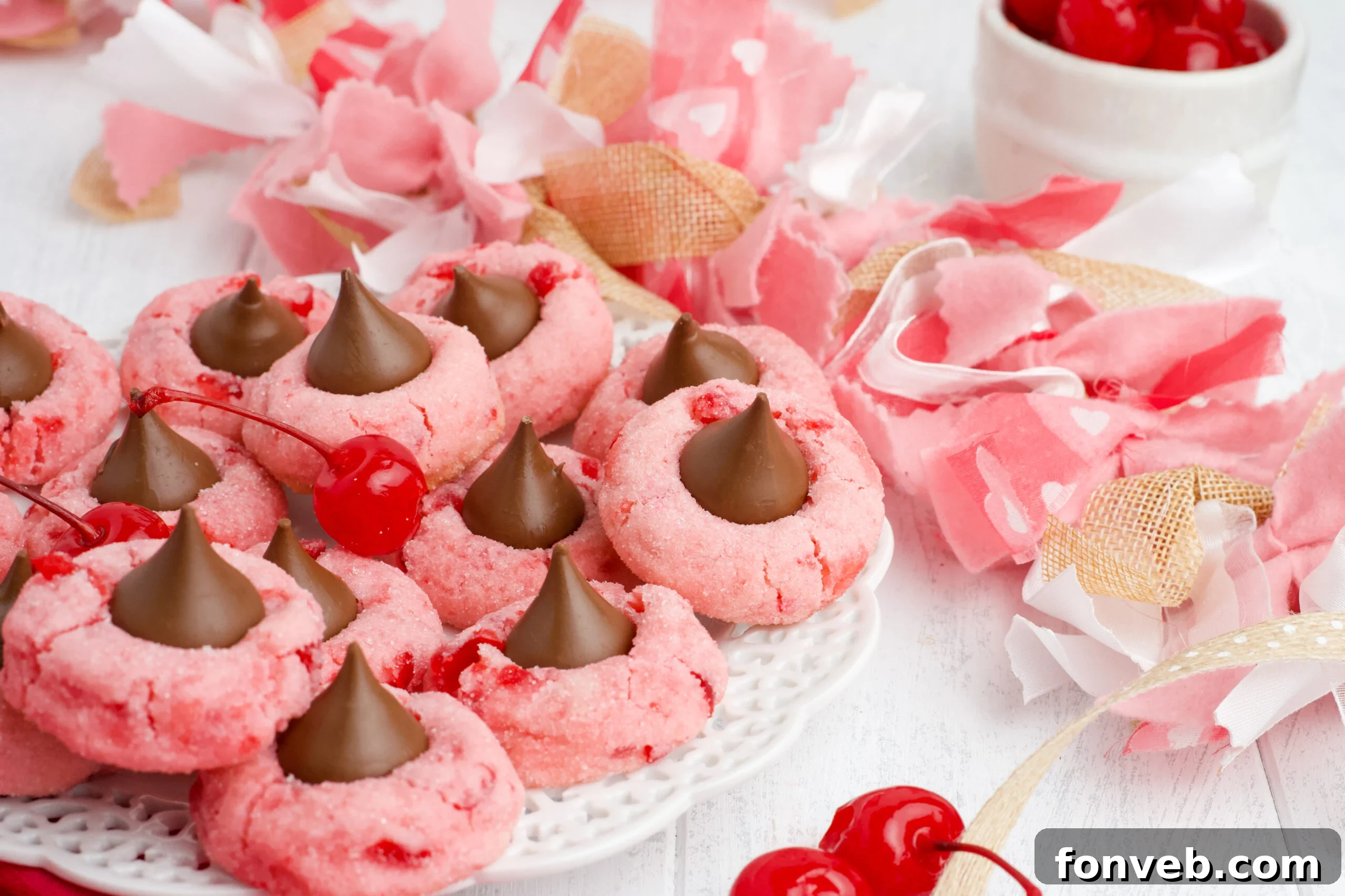 Close-up of three Cherry Blossom Cookies on a white dish, highlighting their texture and the chocolate.