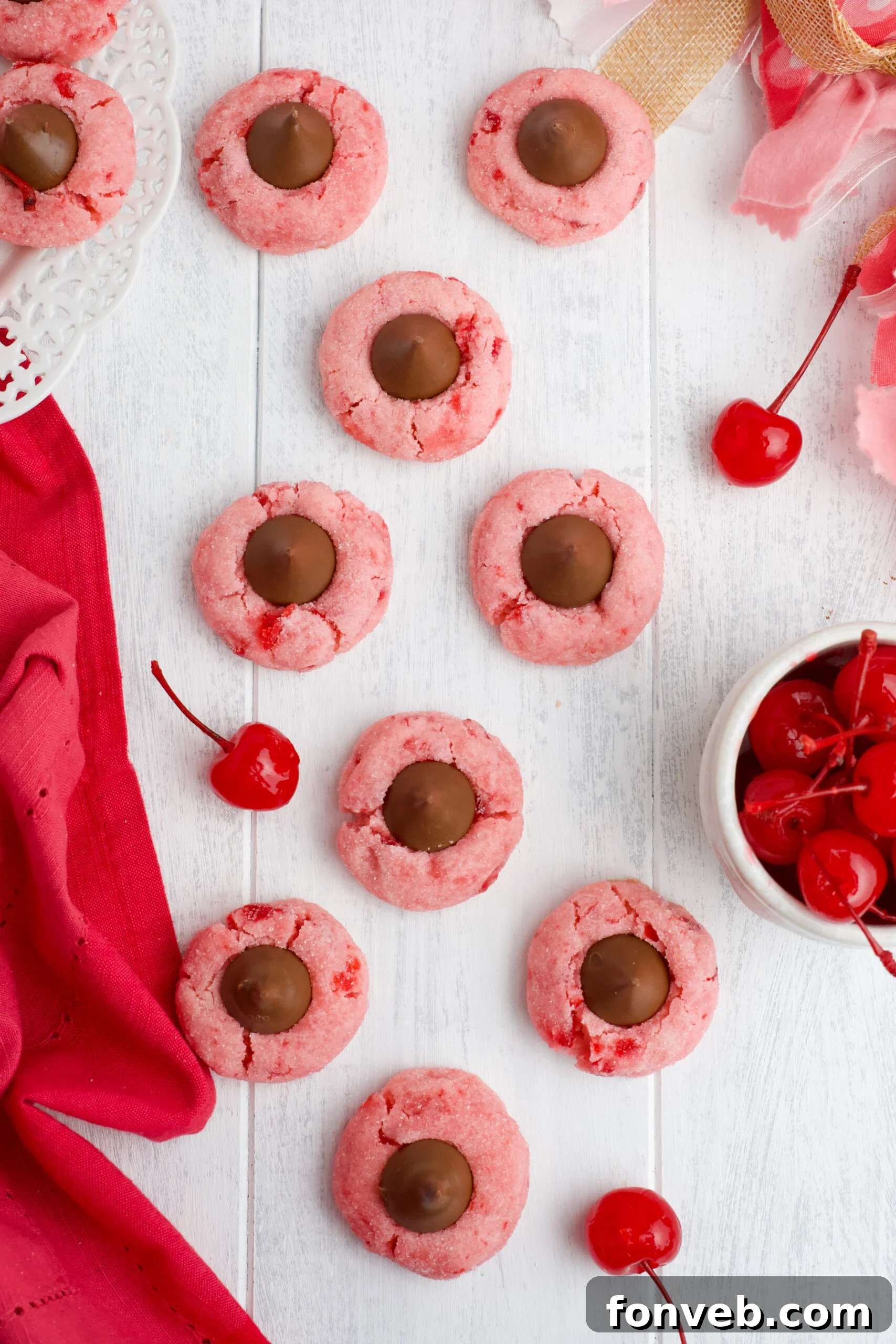 An overhead view of Cherry Blossom Cookies, emphasizing their symmetrical placement and appealing presentation.