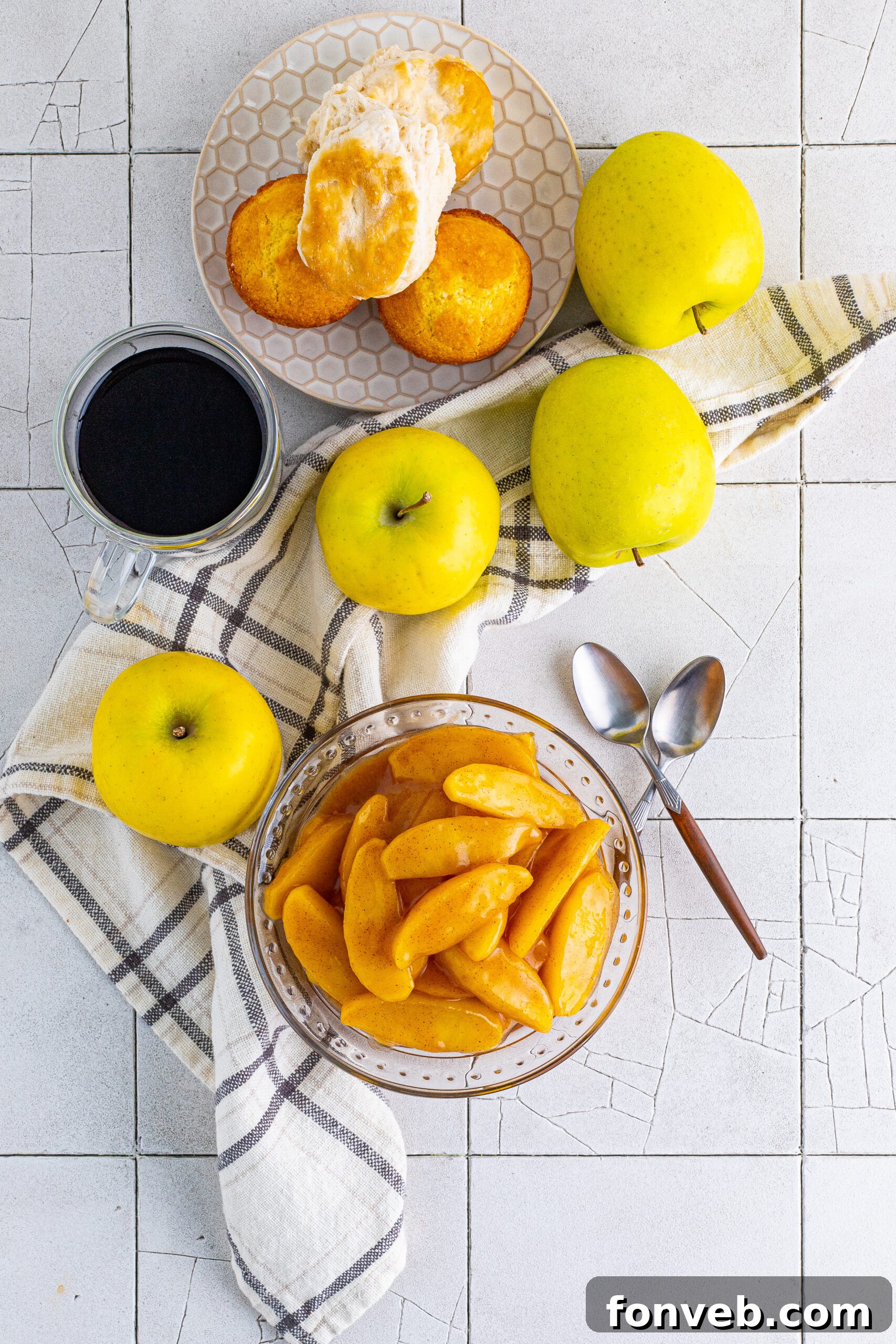 Another overhead view of Cracker Barrel Fried Apples in a clear glass bowl, showcasing their appeal.