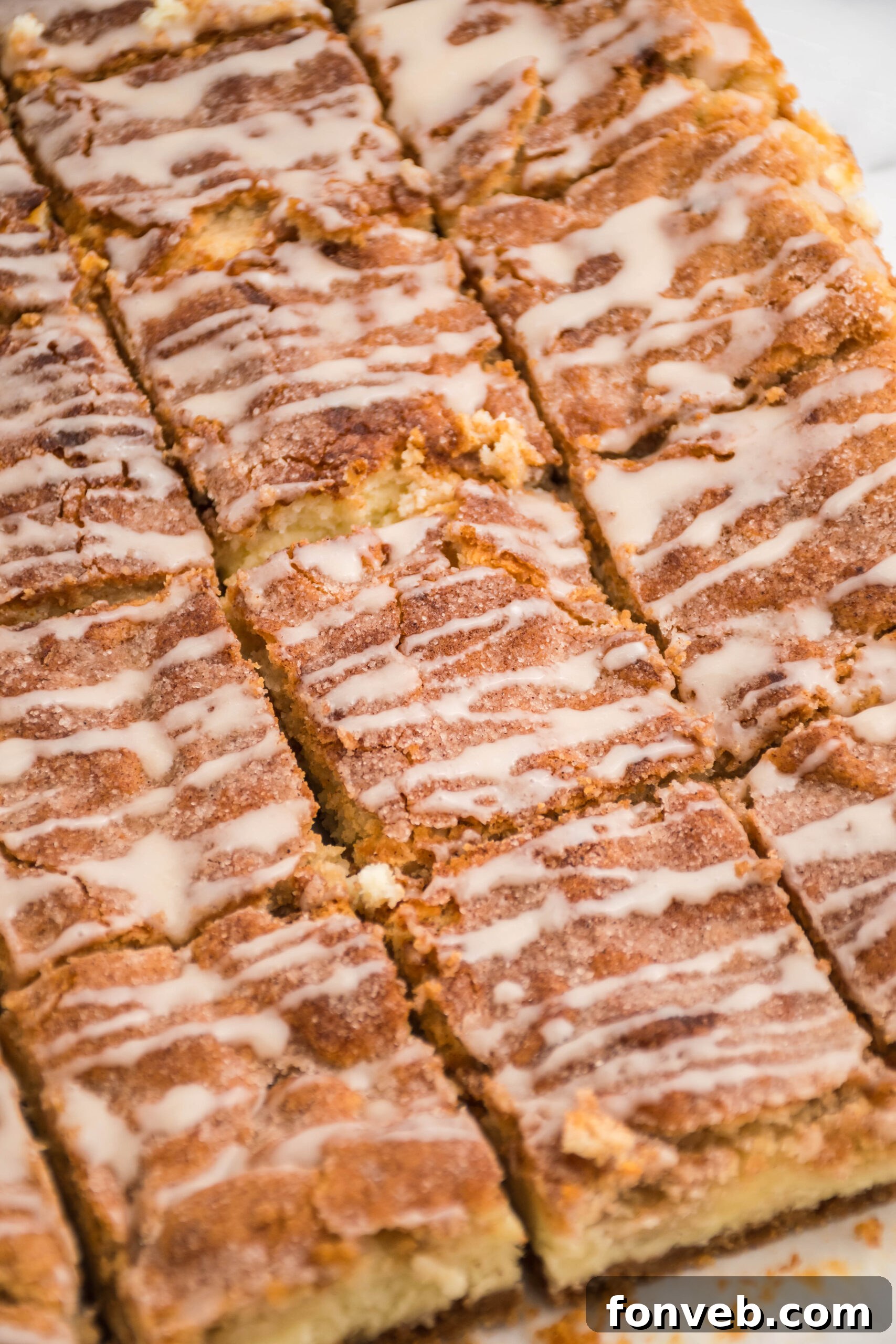 Overhead view of Snickerdoodle Cheesecake Bars, showcasing the beautiful cinnamon sugar topping.