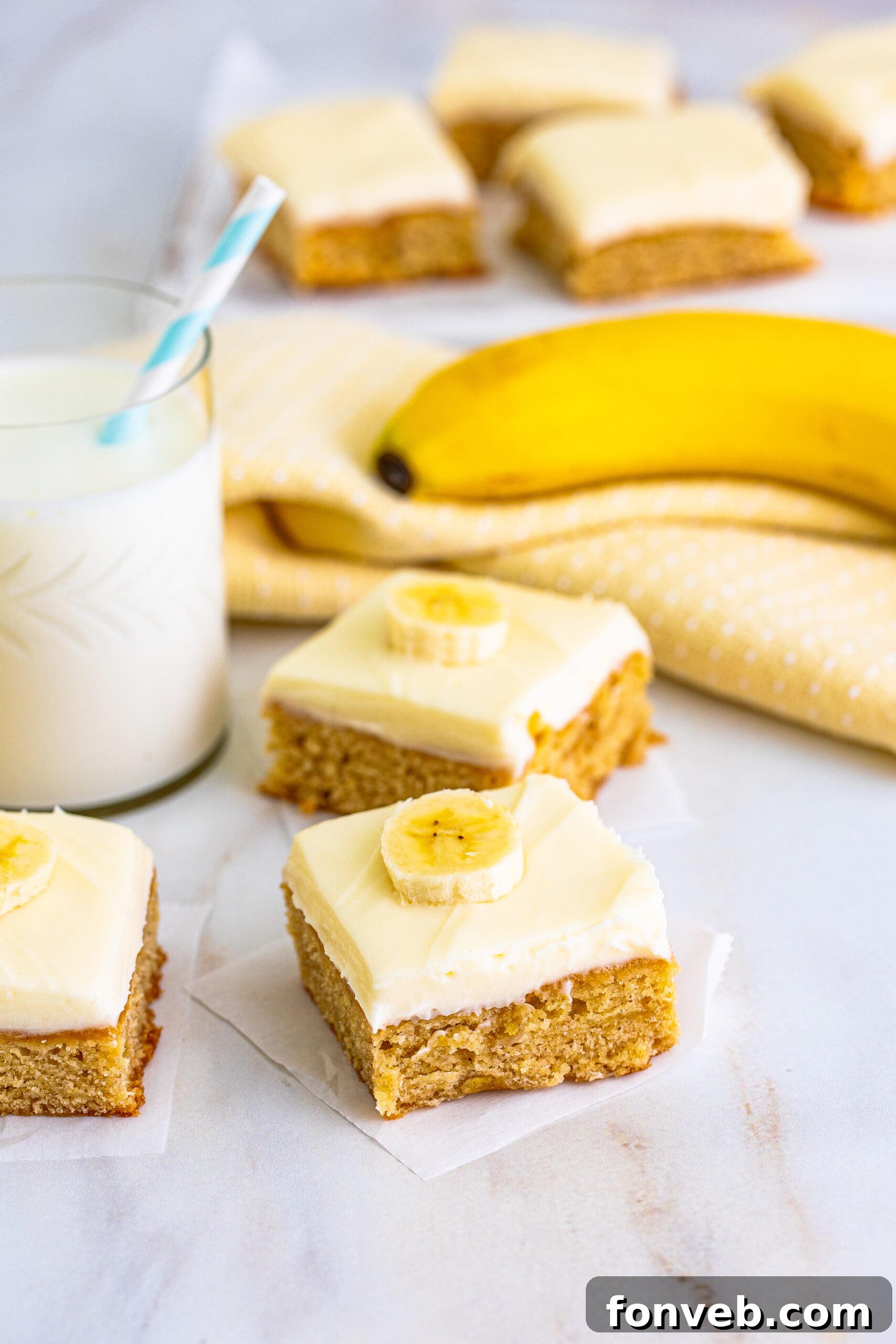 Front view of Banana Brownies on parchment paper, ready to be enjoyed or served.