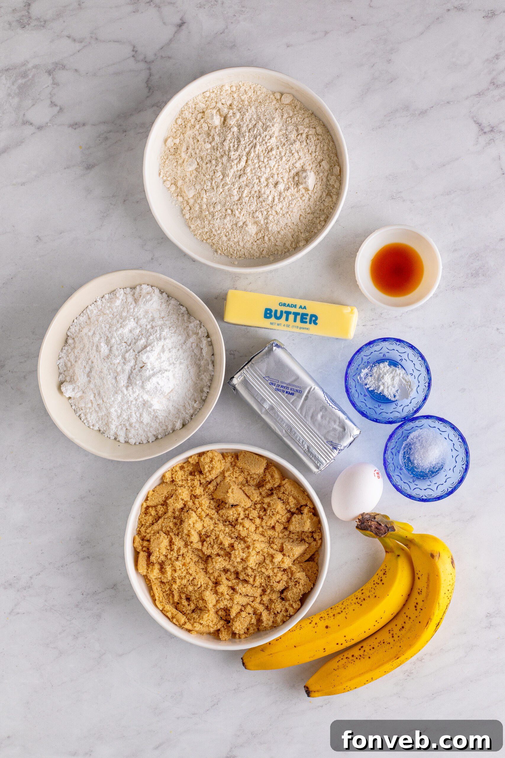 Overhead view of all the ingredients meticulously laid out for the Banana Brownies recipe.