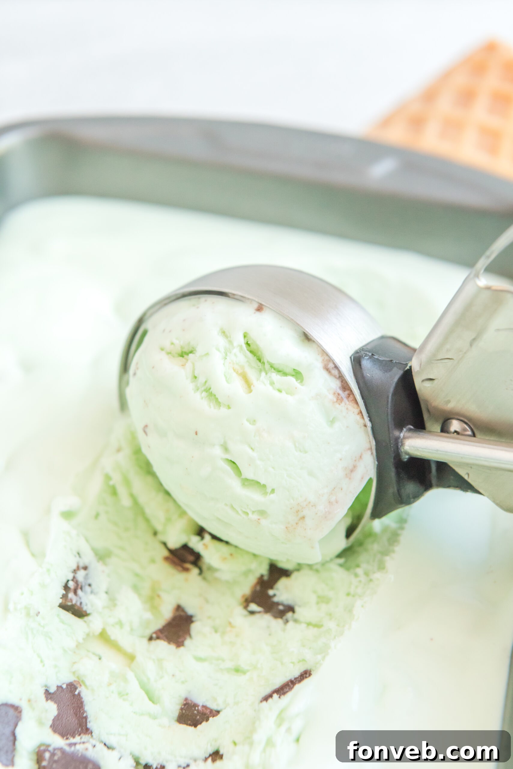 Emerald Mint & Chocolate Swirl 3 Close up view of an ice cream scoop scooping Mint Chocolate Chip Ice Cream.