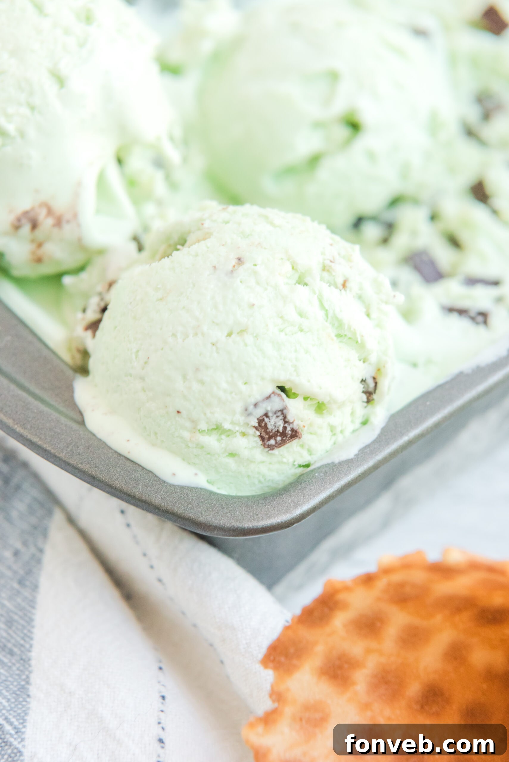 Emerald Mint & Chocolate Swirl 4 Close up view of a scoop of Mint Chocolate Chip Ice Cream in a silver baking dish.