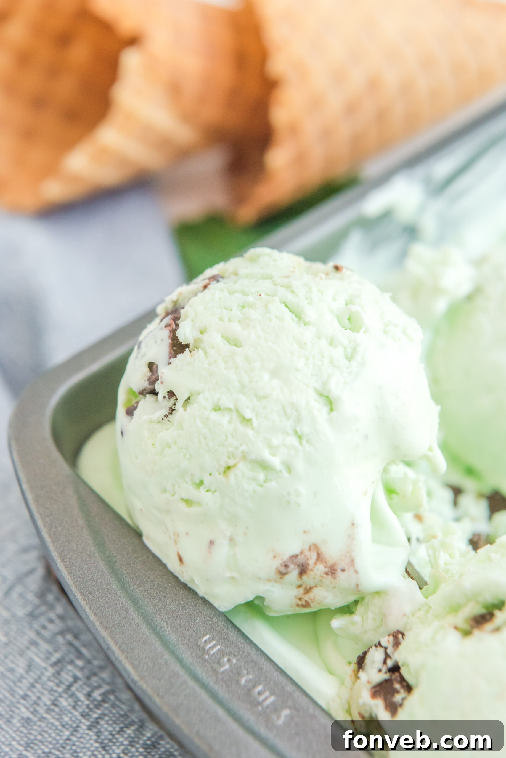 Emerald Mint & Chocolate Swirl 5 Close up view of a scoop of Mint Chocolate Chip Ice Cream in a silver baking dish.