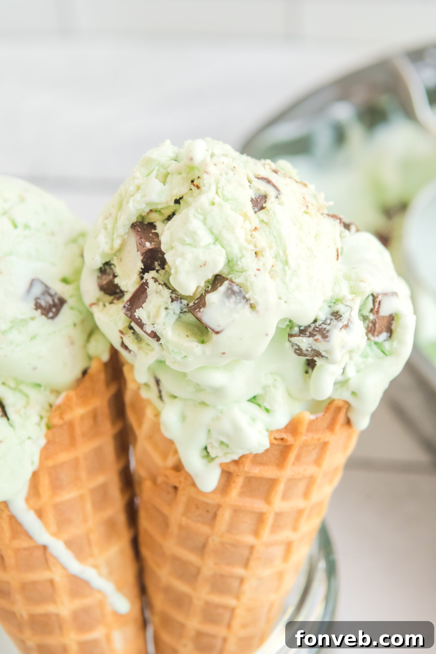 Emerald Mint & Chocolate Swirl 9 Close up view of two scoops of Mint Chocolate Chip Ice Cream in two ice cream cones.