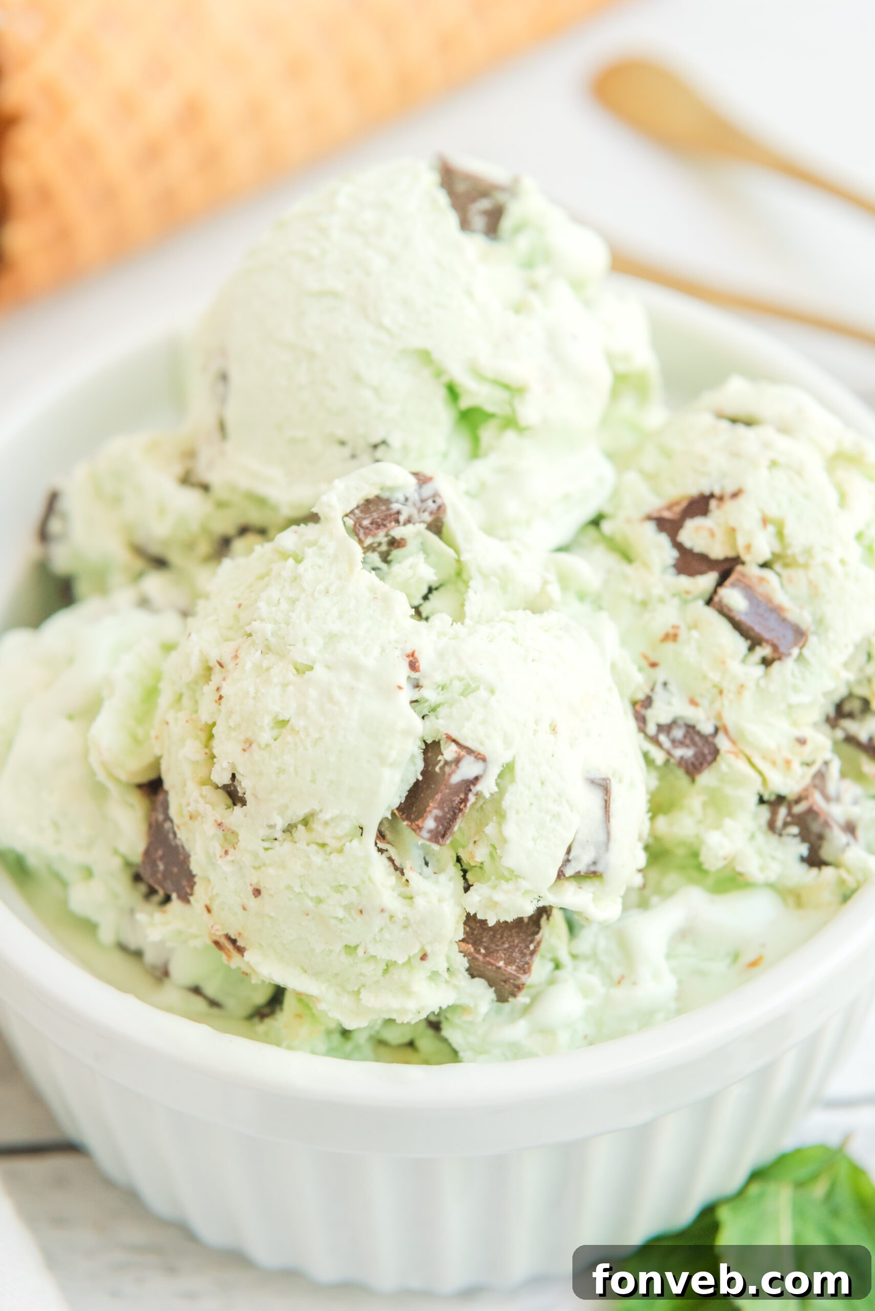 Emerald Mint & Chocolate Swirl 10 Close up view of scoops of Mint Chocolate Chip Ice Cream in a white bowl.