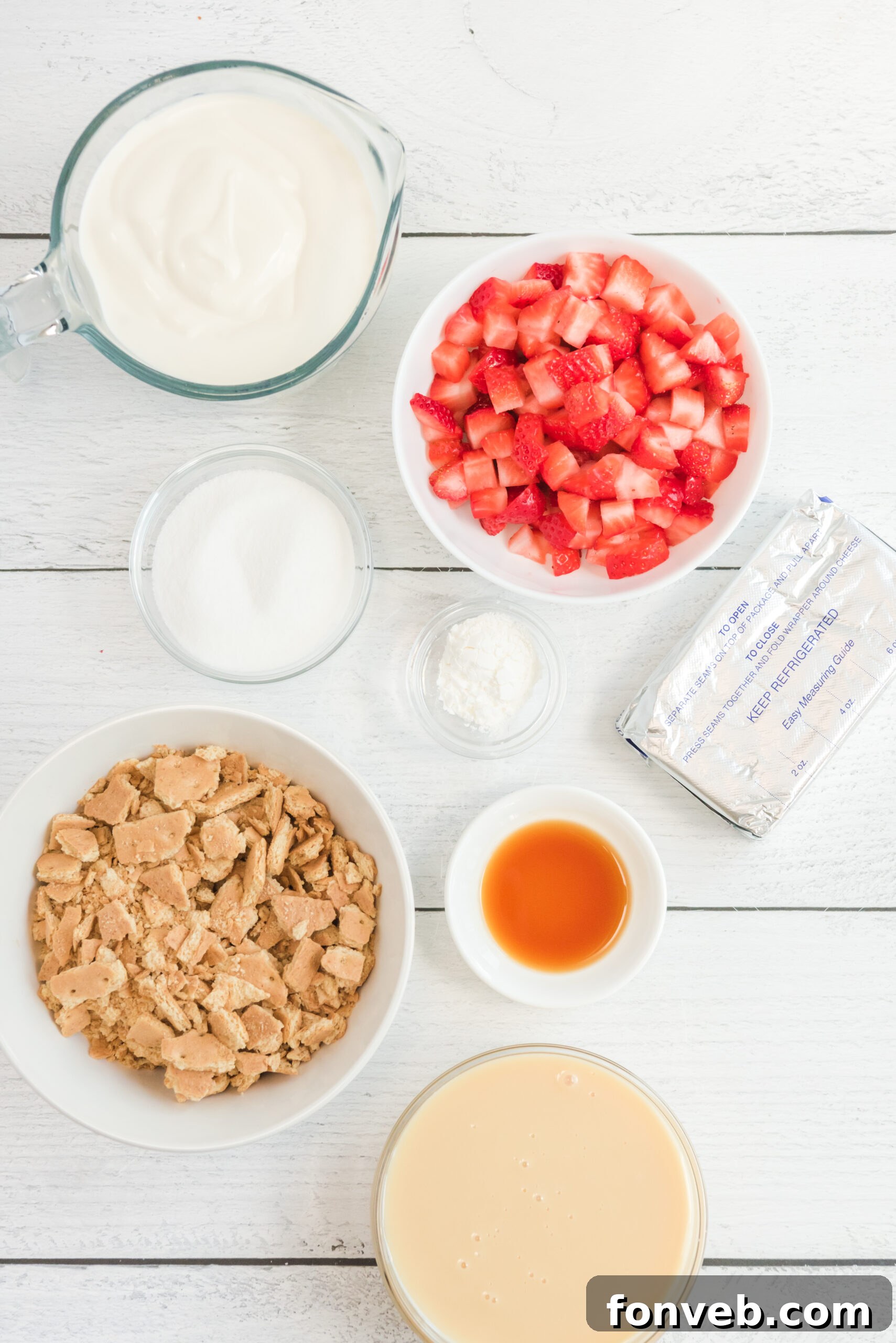 Frozen Strawberry Cheesecake Dream 9 Overhead view of the ingredients needed to complete this recipe.