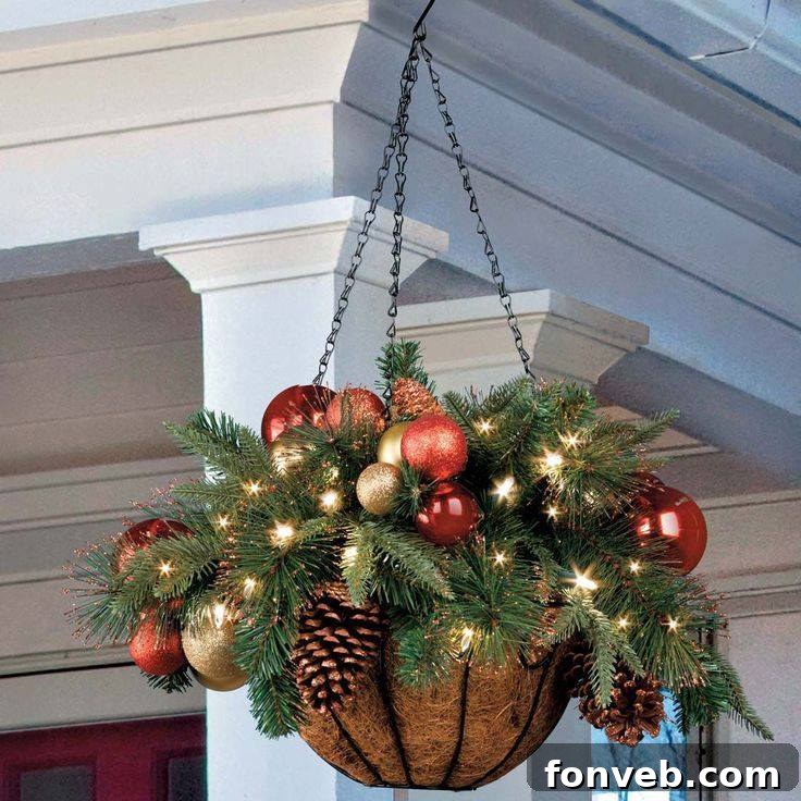 Beautiful hanging holiday baskets with greenery and lights
