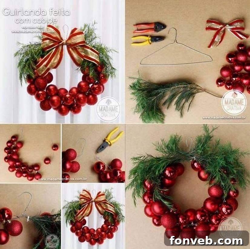 DIY Christmas wreath made from a wire hanger and ornaments