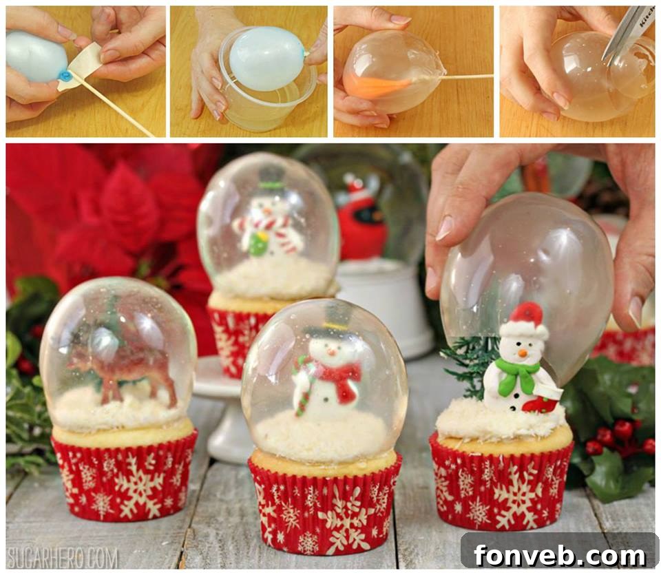 Edible Snow Globe Cupcakes made with gelatin bubbles, a unique dessert