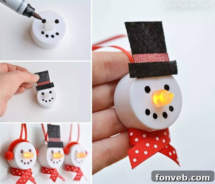 Tea Light Snowman Ornaments with a glowing carrot nose effect