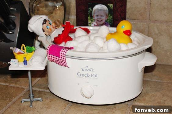 Elf on the Shelf taking a bubble bath in a crockpot, a funny idea