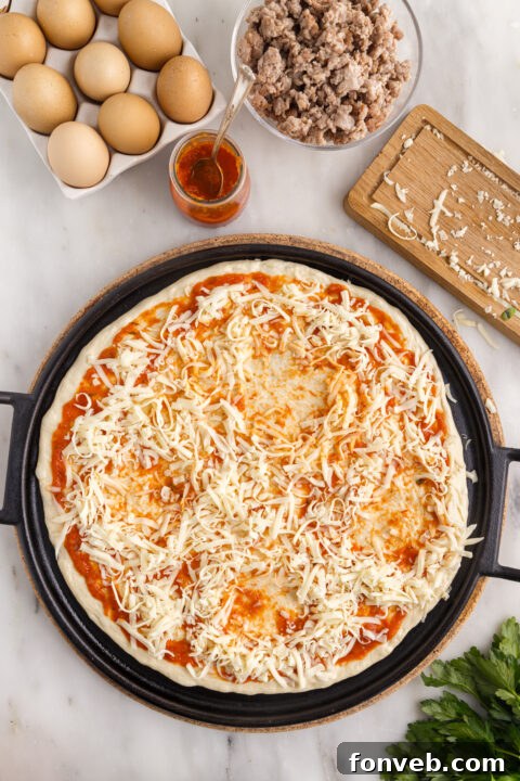 A rustic shot of a Breakfast Pizza fresh out of the oven, emphasizing its crispy texture.