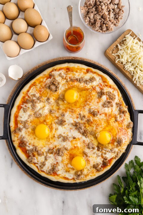 A warm, inviting Breakfast Pizza presented in its full glory on a wooden serving board.