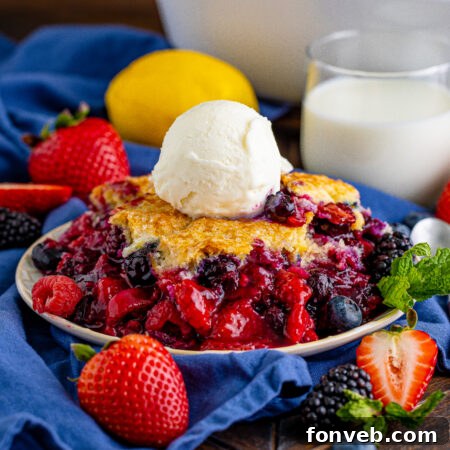 Mixed Berry Cobbler in a baking dish